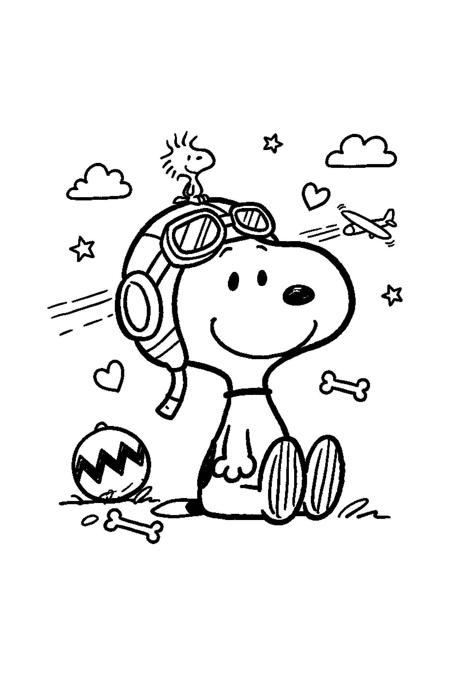 Coloriage Snoopy gratuit à imprimer : Snoopy assis qui sourit de tout son cœur