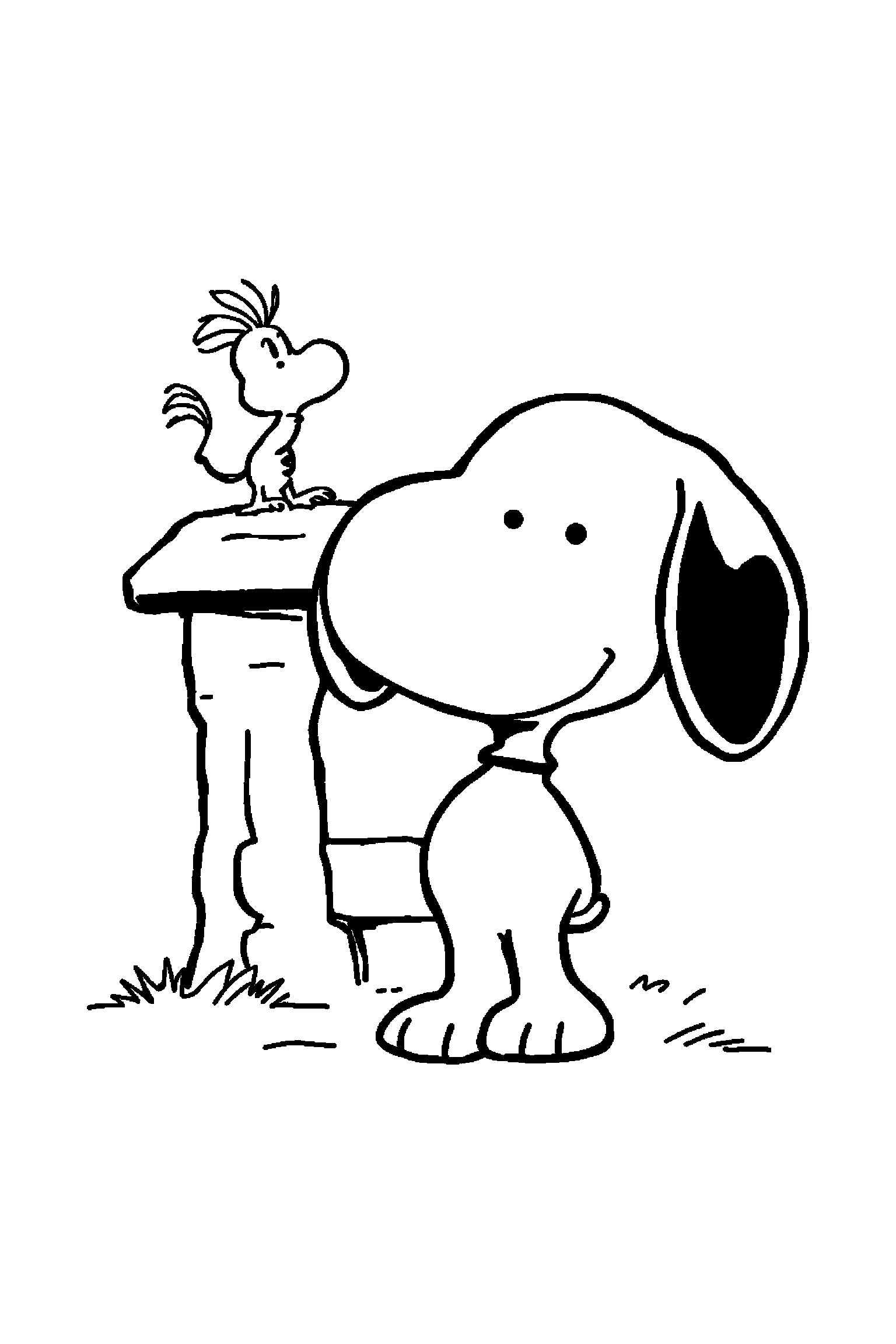 Coloriage Snoopy gratuit à imprimer : Snoopy debout devant sa niche avec Woodstock sur le toit