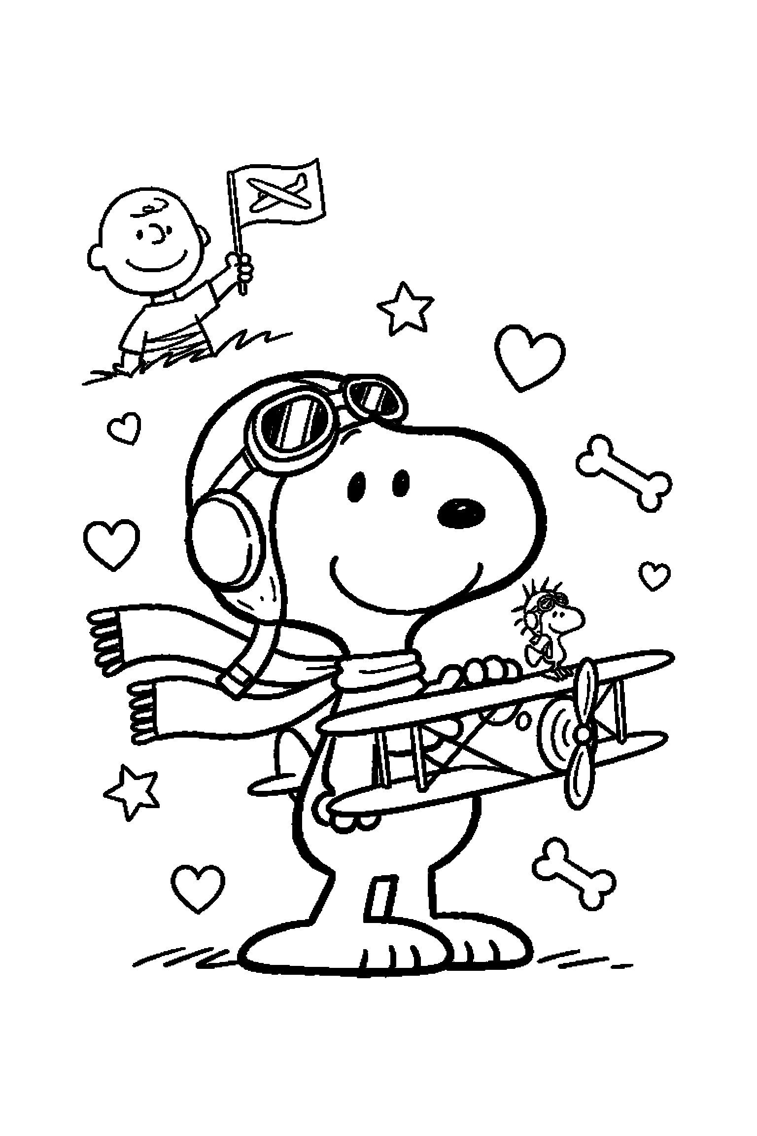 Coloriage Snoopy gratuit à imprimer : Snoopy aviateur tenant un avion miniature
