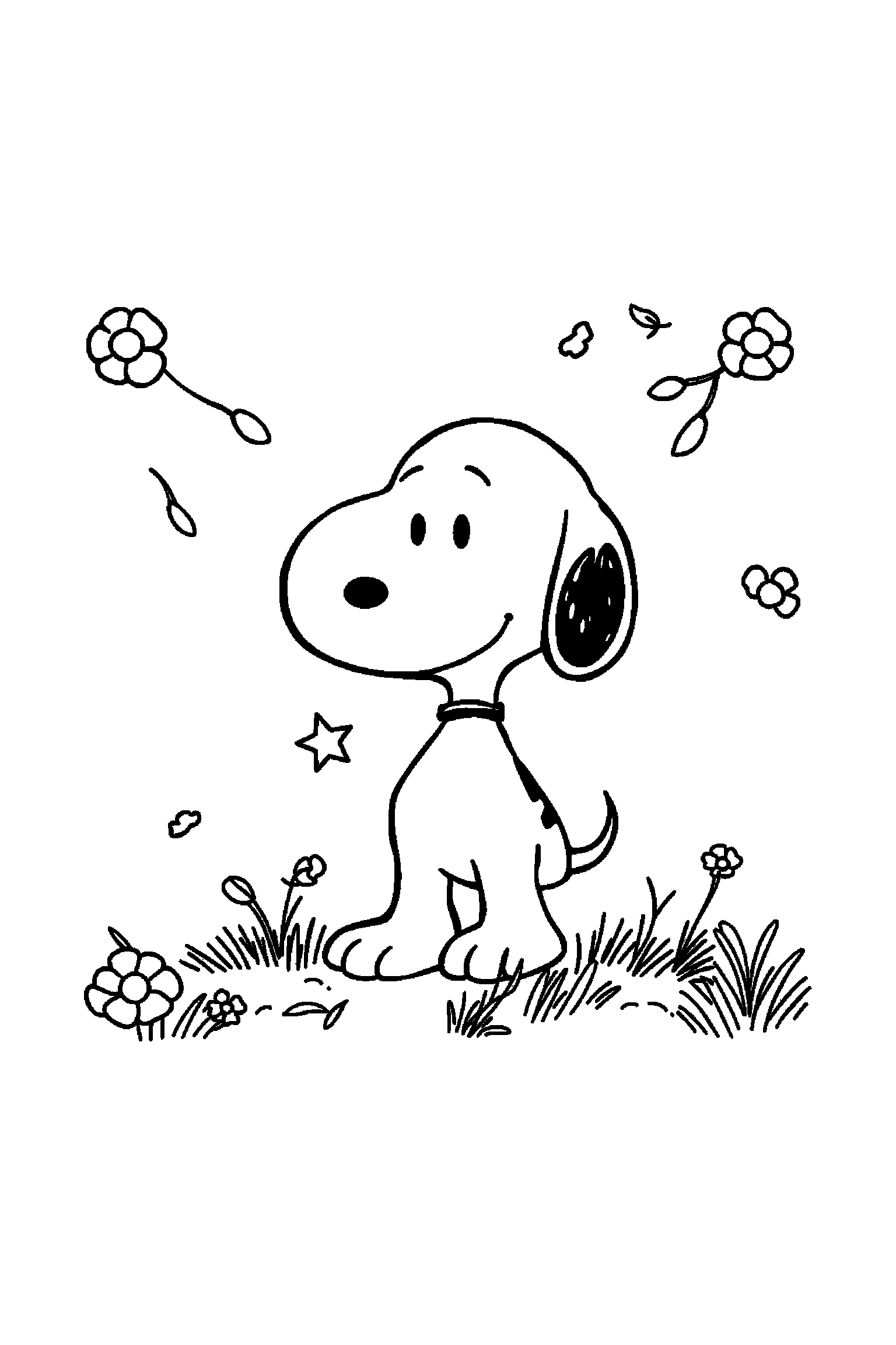 Coloriage Snoopy gratuit à imprimer : Snoopy en grand au centre avec une petite étoile