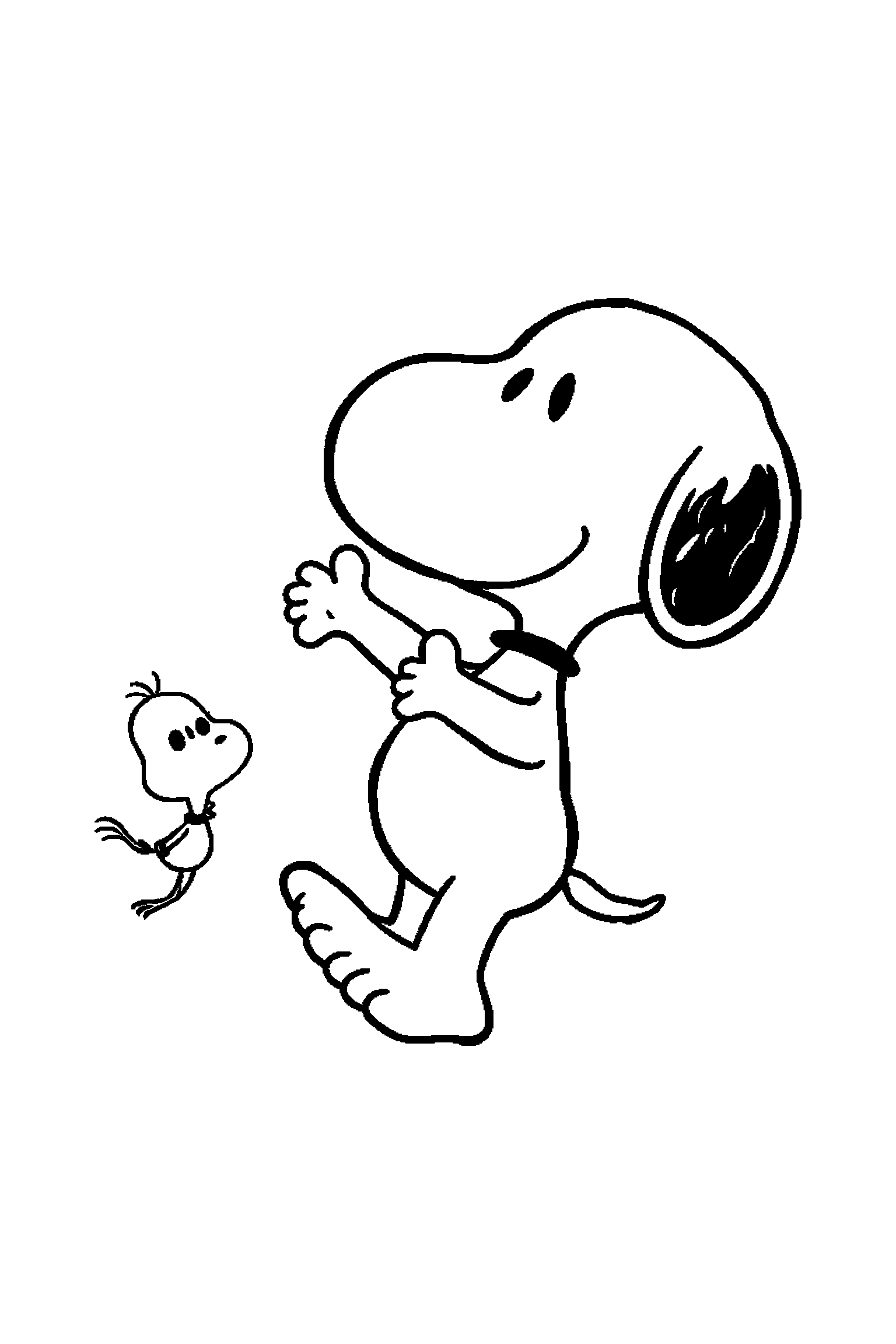 Coloriage Snoopy gratuit à imprimer : Snoopy qui danse avec Woodstock, fond blanc simple