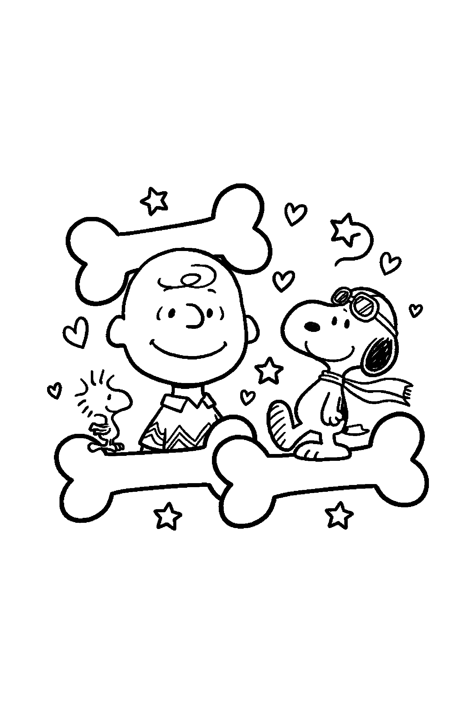 Coloriage Snoopy gratuit à imprimer : Charlie Brown avec os autour de lui