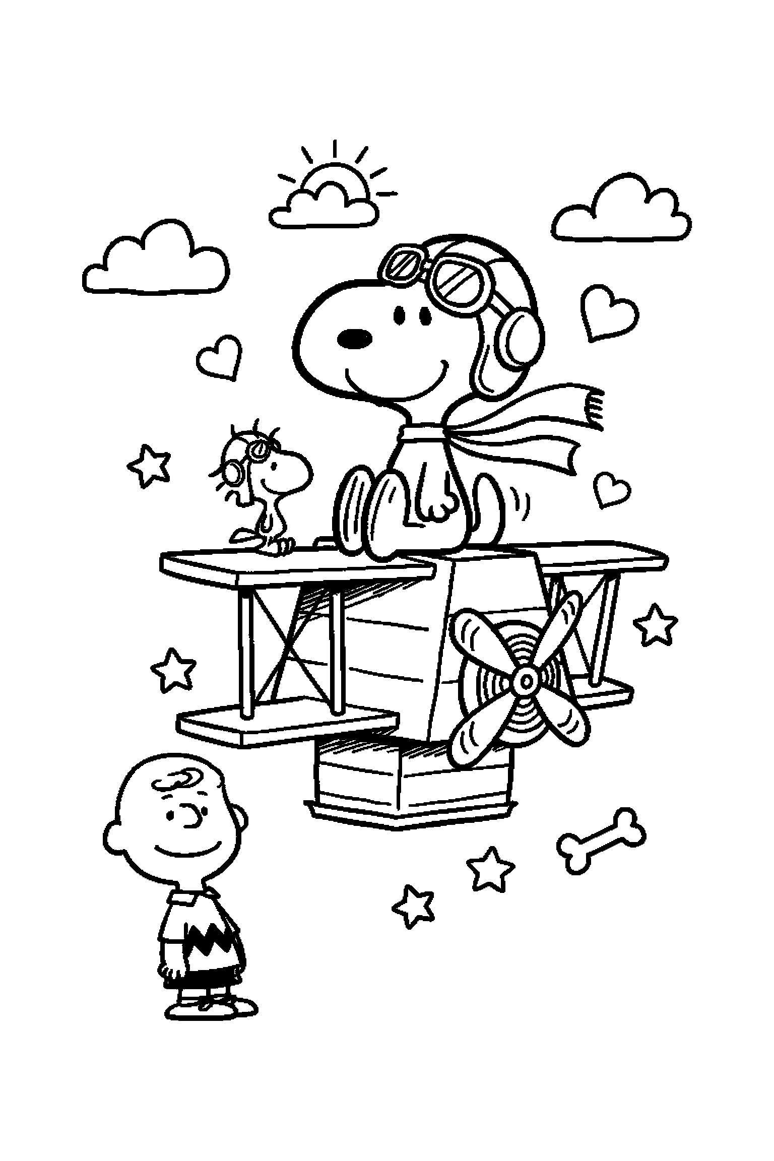 Coloriage Snoopy gratuit à imprimer : Snoopy aviateur posé au centre de la page