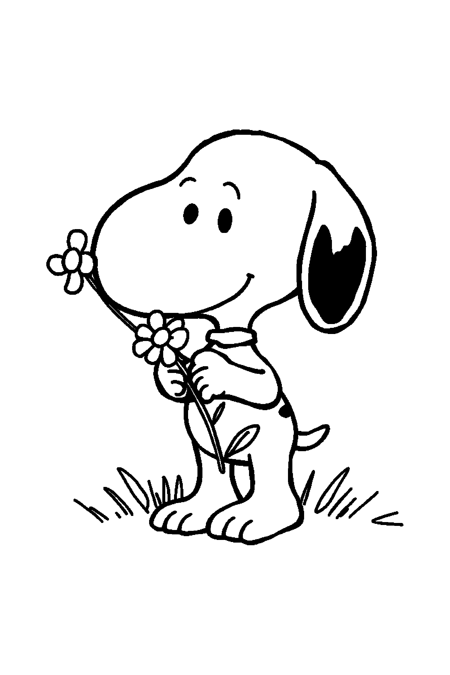 Coloriage Snoopy gratuit à imprimer : Snoopy tenant une fleur simple sur fond blanc
