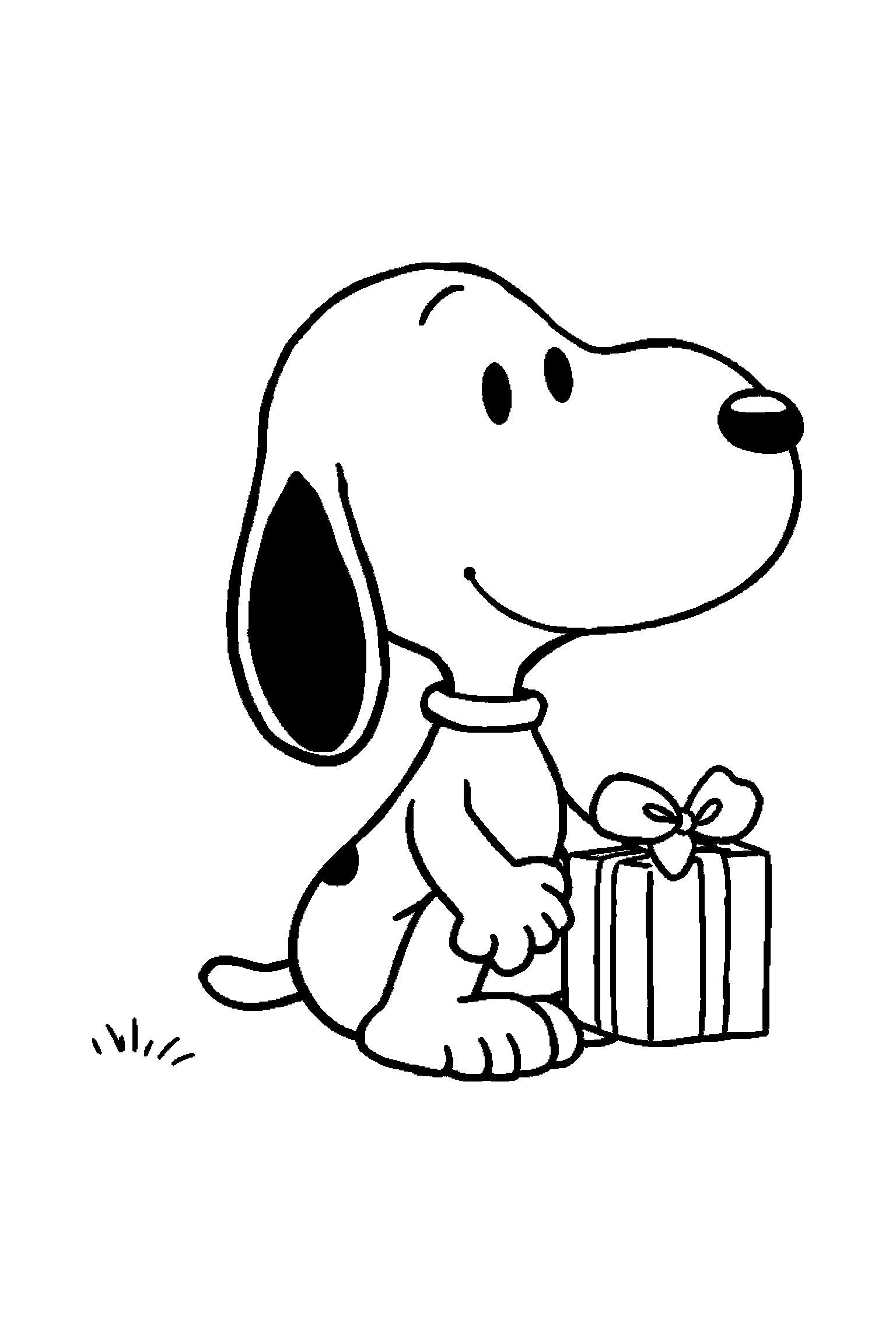 Coloriage Snoopy gratuit à imprimer : Snoopy assis avec un cadeau simple devant lui