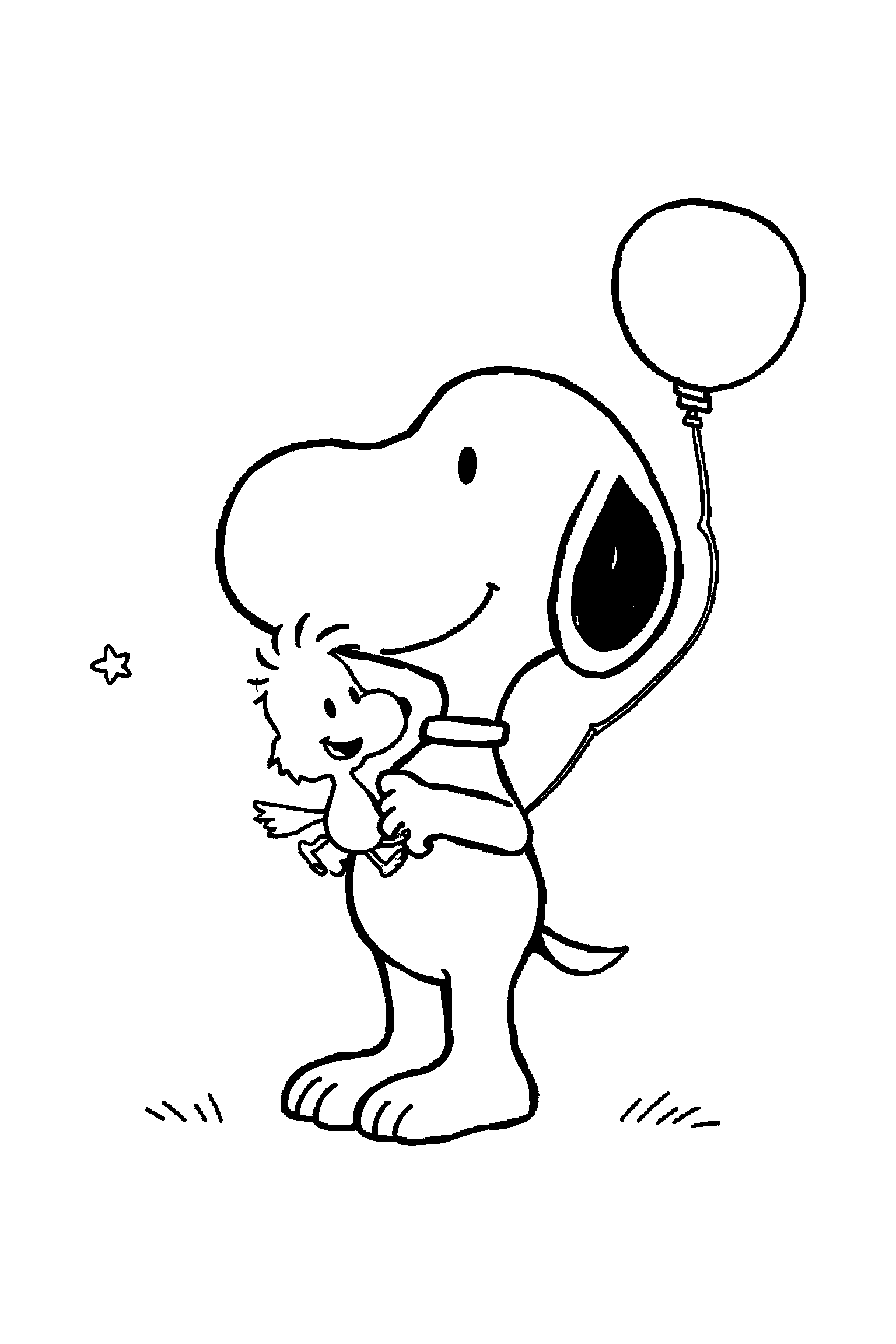 Coloriage Snoopy gratuit à imprimer : Woodstock qui montre un ballon avec un bras bien attaché au corps