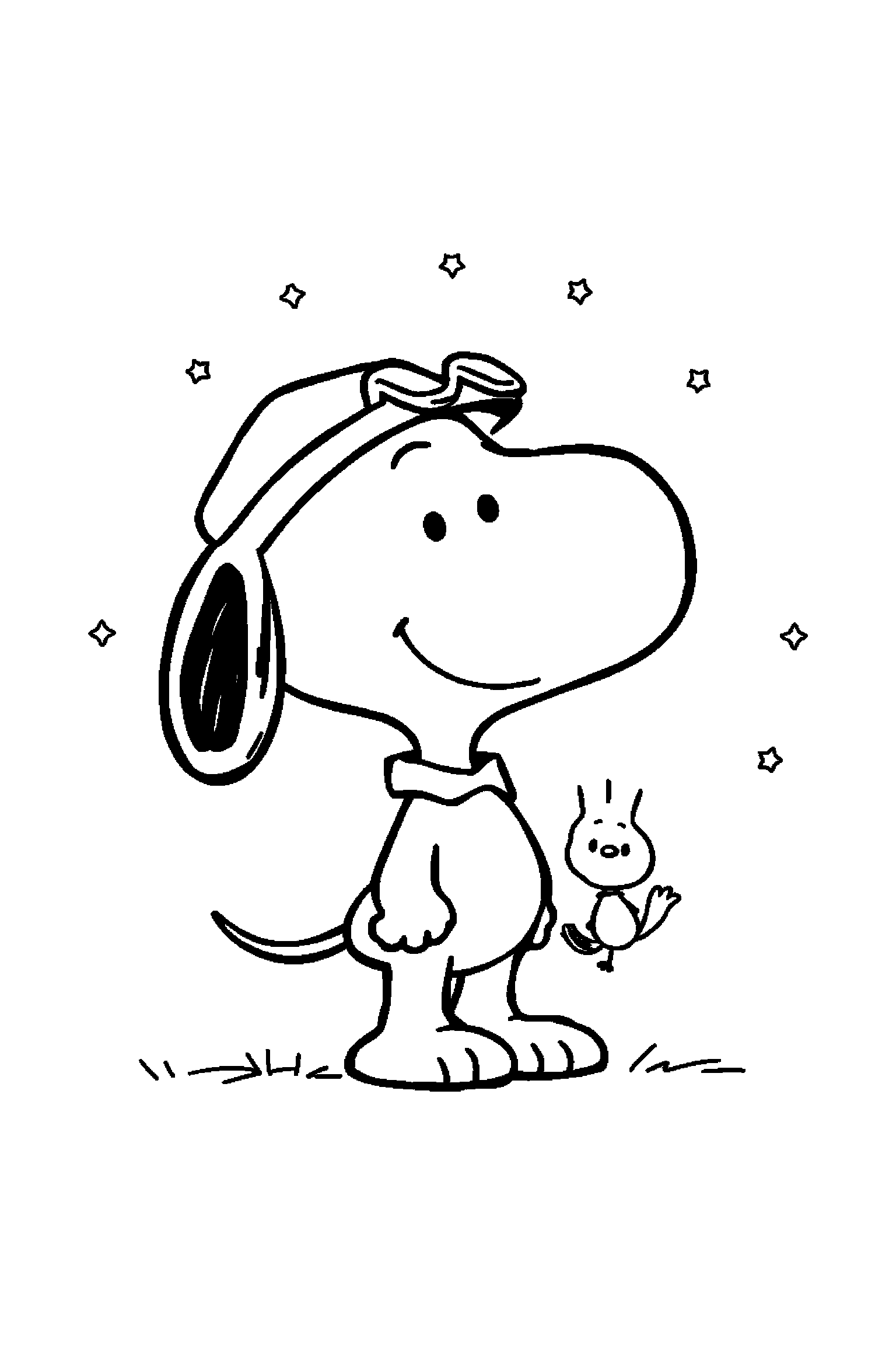 Coloriage Snoopy gratuit à imprimer : Charlie Brown souriant devant un grand motif os