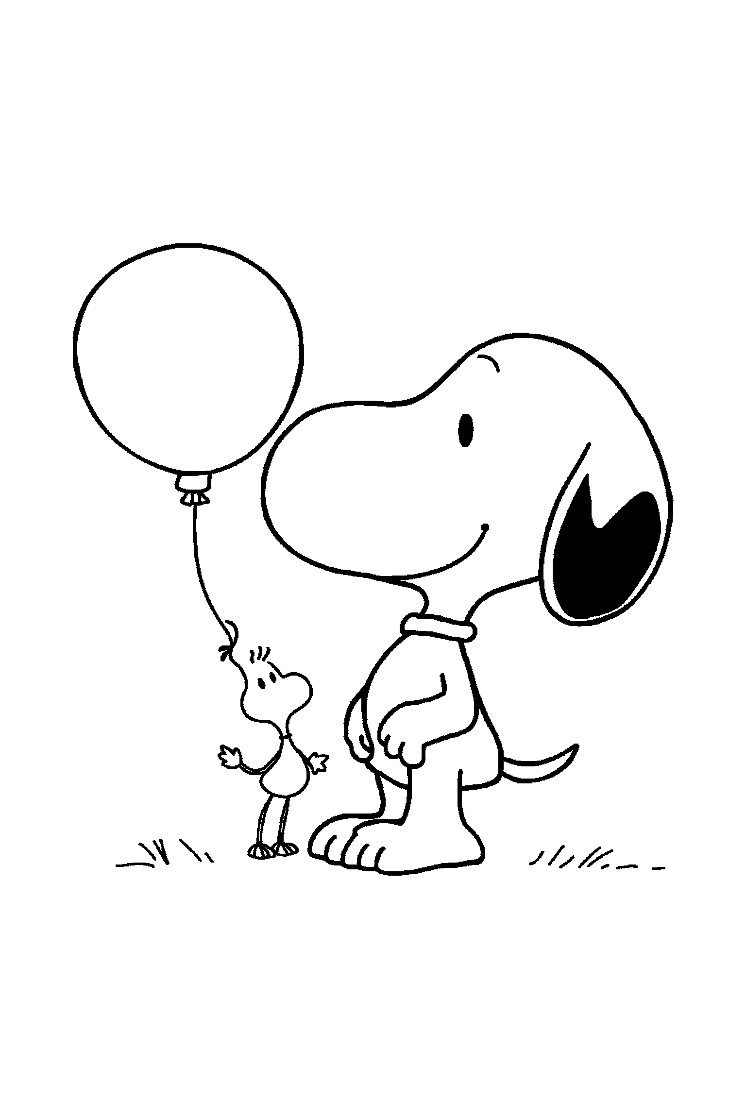 Coloriage Snoopy gratuit à imprimer : Woodstock tenant un ballon devant lui