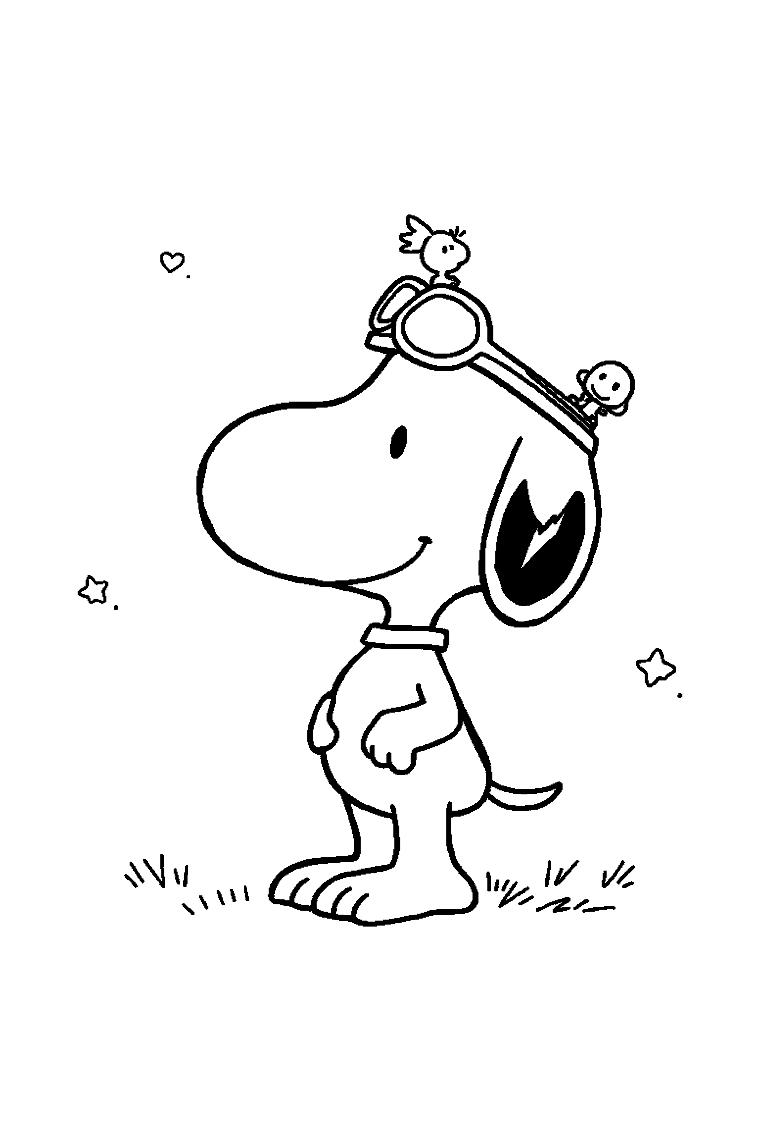 Coloriage Snoopy gratuit à imprimer : Charlie Brown au centre avec os en arrière-plan