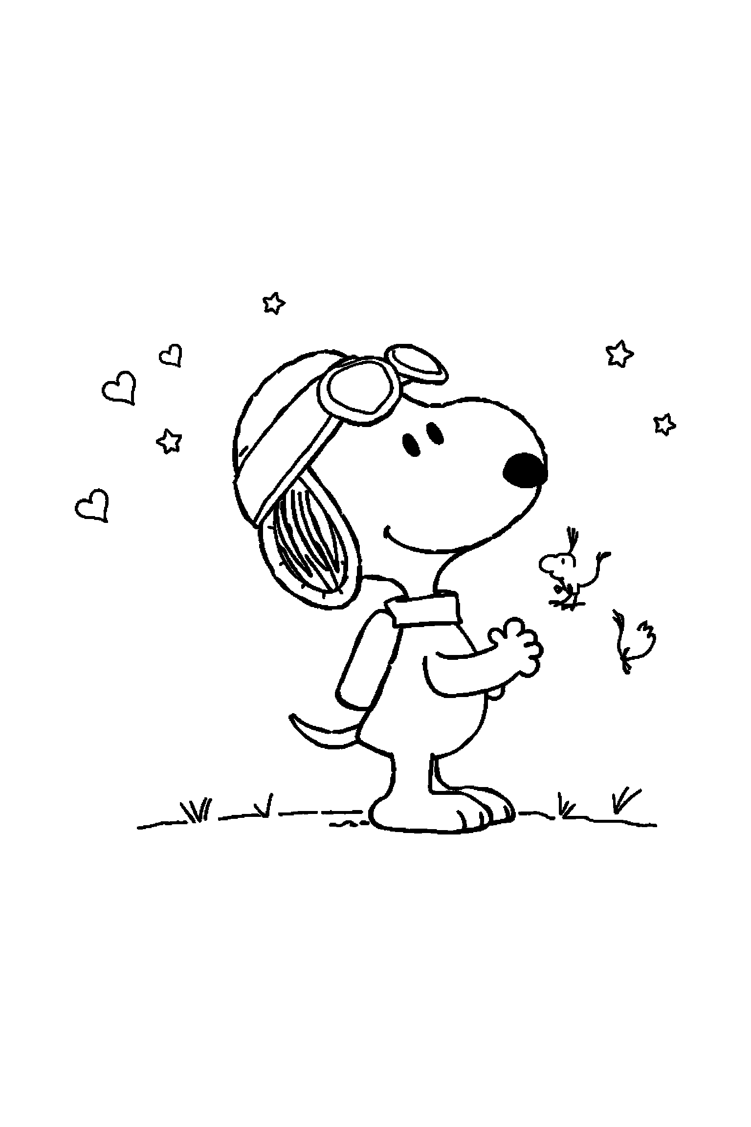 Coloriage Snoopy gratuit à imprimer : Snoopy aviateur qui regarde un avion miniature