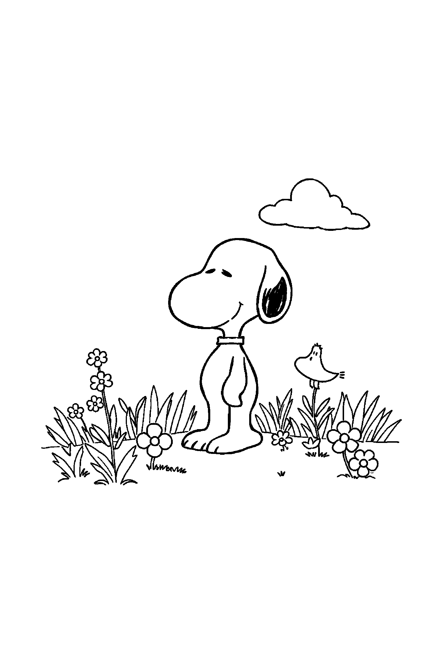 Coloriage Snoopy gratuit à imprimer : Snoopy grand au centre dans un jardin simple avec Woodstock