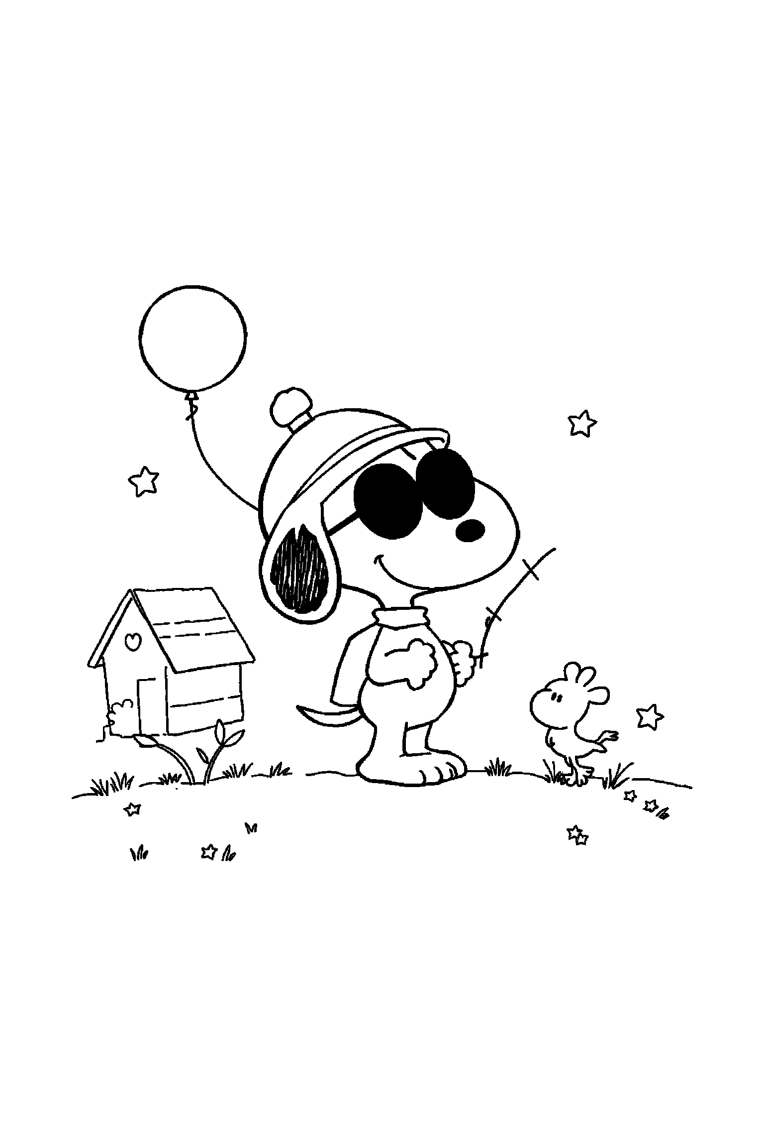 Coloriage Snoopy gratuit à imprimer : Woodstock avec un ballon et des motifs étoiles