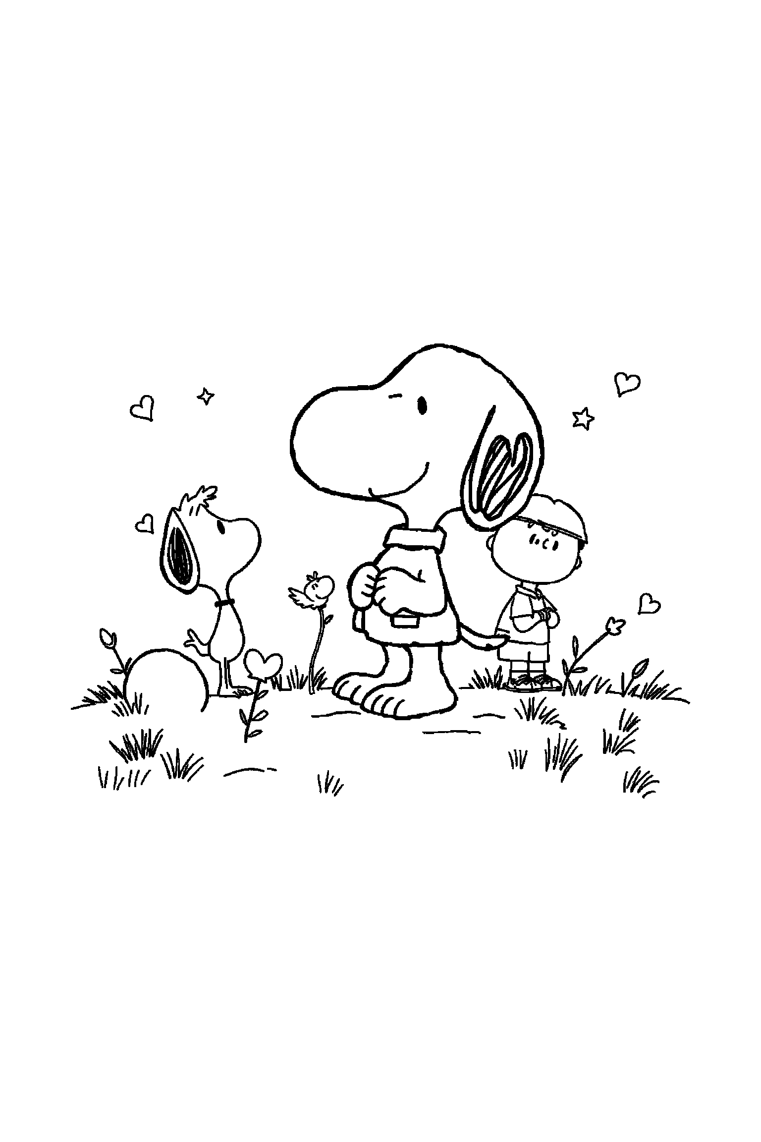 Coloriage Snoopy gratuit à imprimer : Charlie Brown en petite scène d'aventure