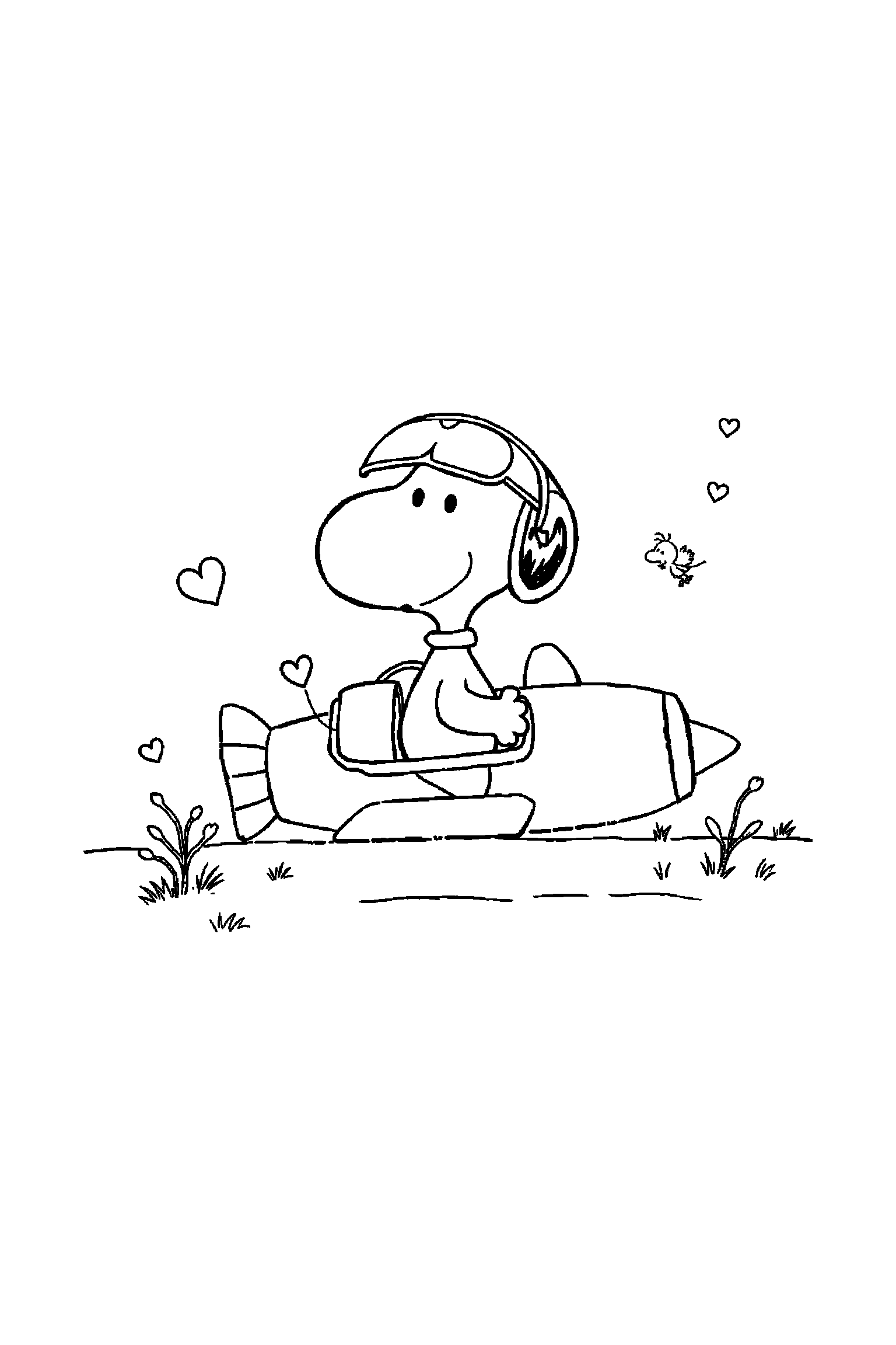 Coloriage Snoopy gratuit à imprimer : Snoopy aviateur avec un décor d'arrière-plan