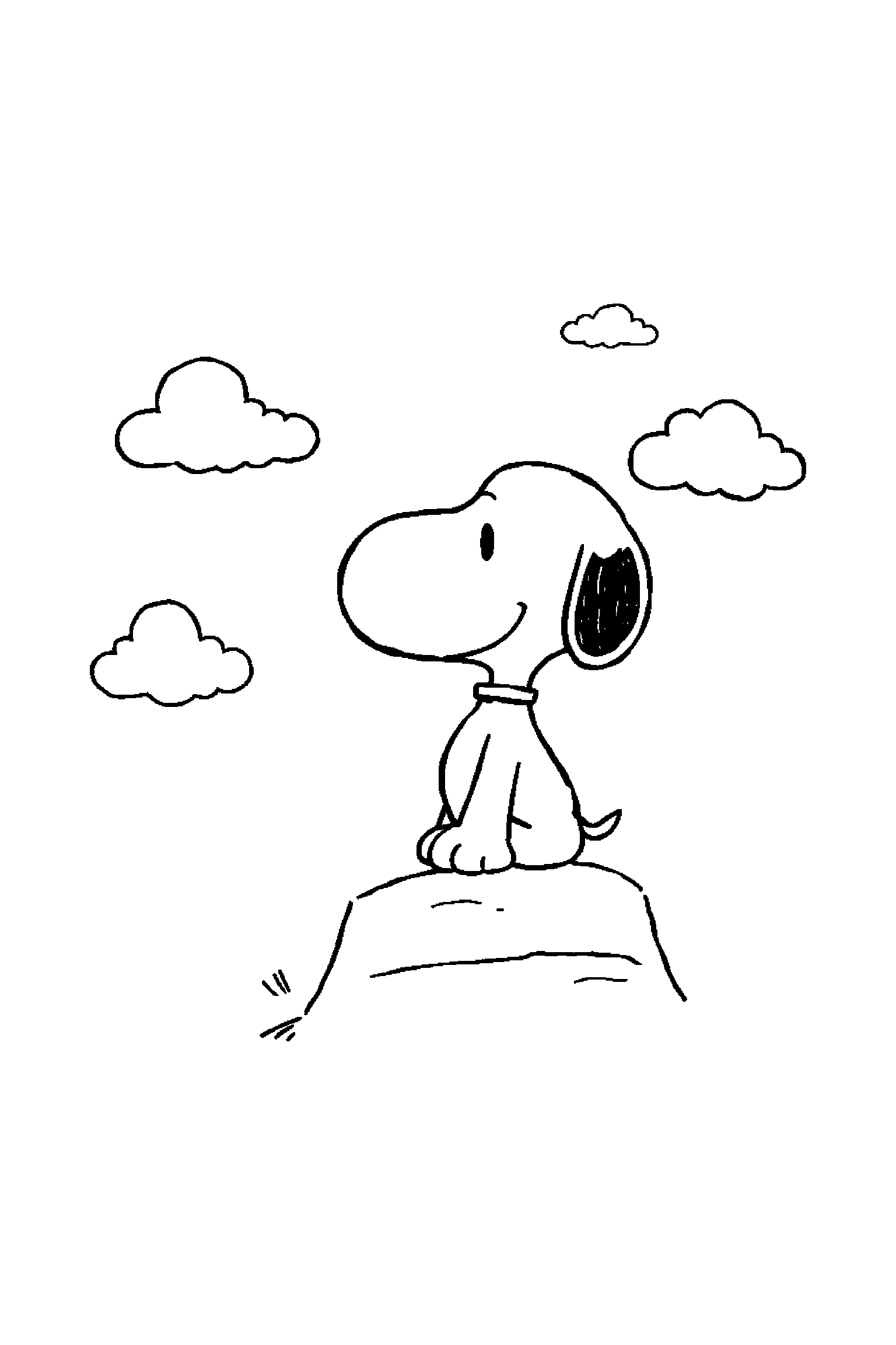 Coloriage Snoopy gratuit à imprimer : Snoopy sur sa niche, fond blanc avec trois nuages