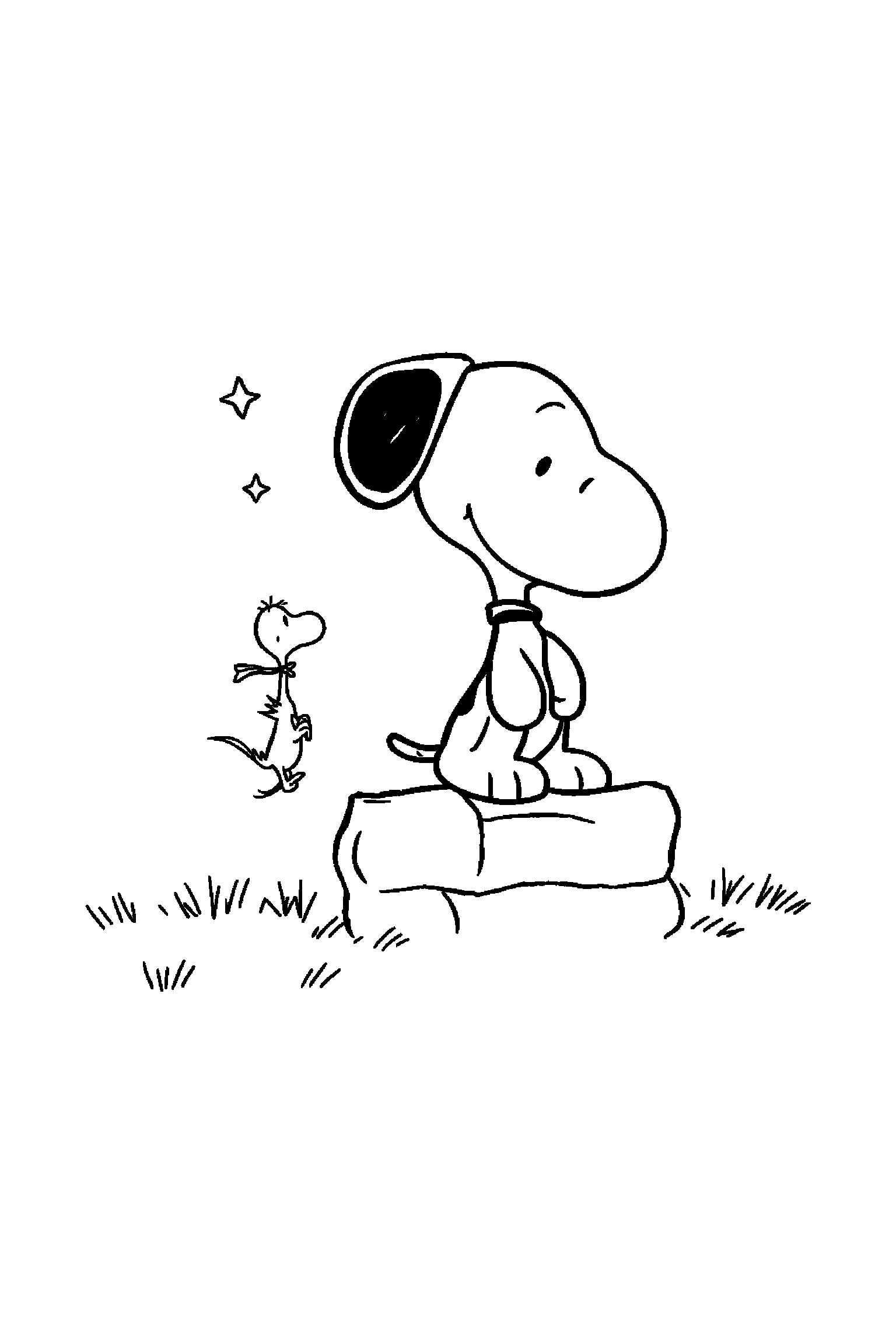 Coloriage Snoopy gratuit à imprimer : Snoopy sur sa niche avec quelques étoiles autour