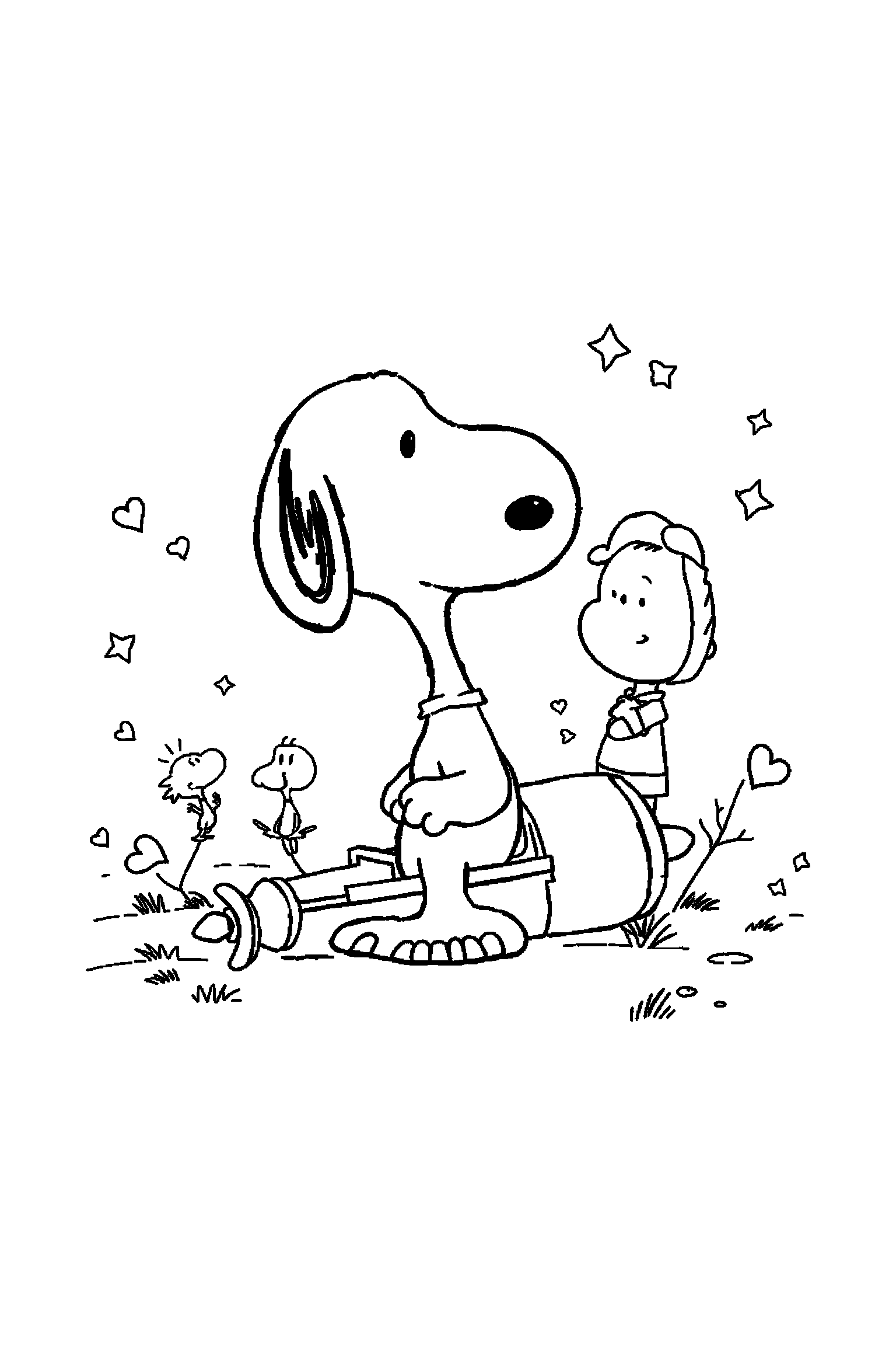 Coloriage Snoopy gratuit à imprimer : Snoopy au milieu de grands éléments faciles