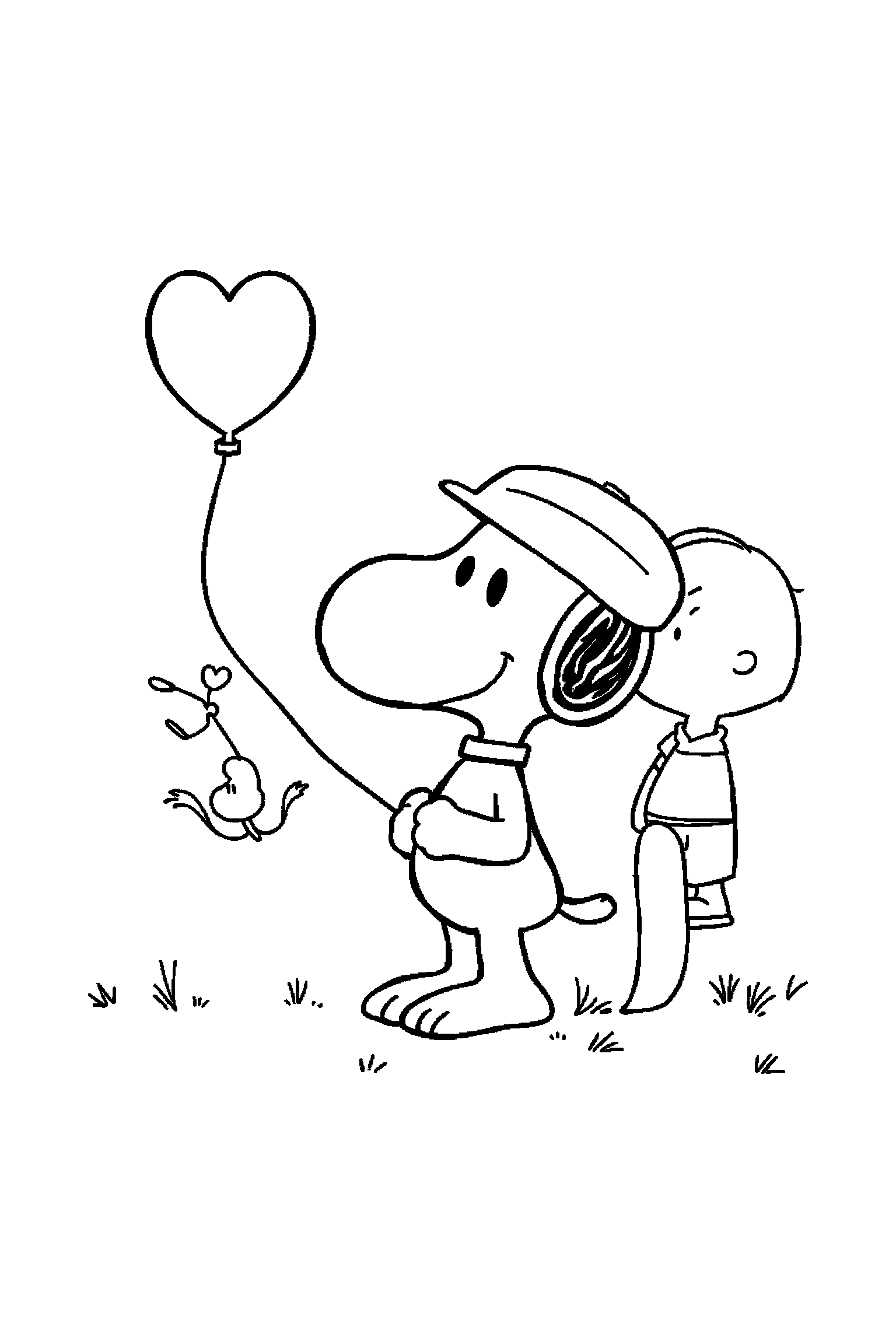 Coloriage Snoopy gratuit à imprimer : Woodstock avec un ballon sur un fond clair