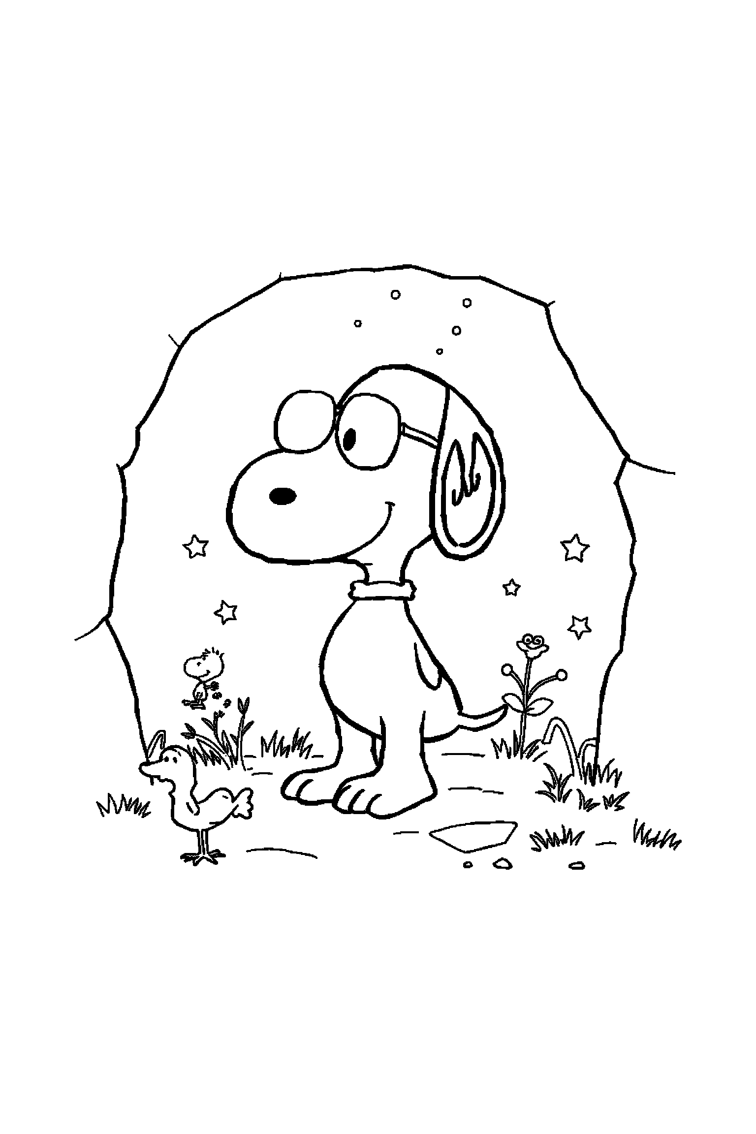 Coloriage Snoopy gratuit à imprimer : Snoopy dans sa niche avec plusieurs détails