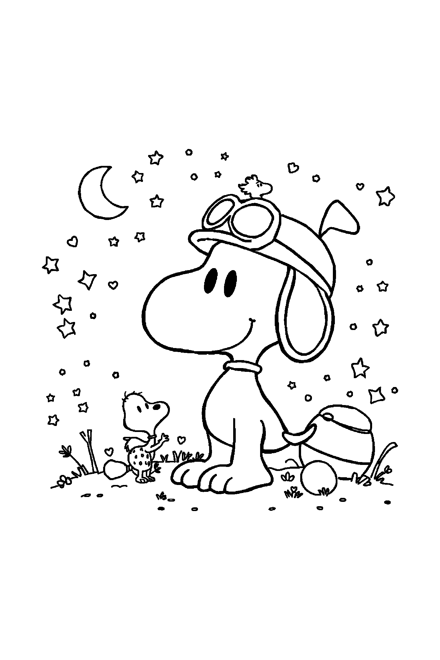Coloriage Snoopy gratuit à imprimer : Woodstock entouré par des motifs étoiles et de petits objets
