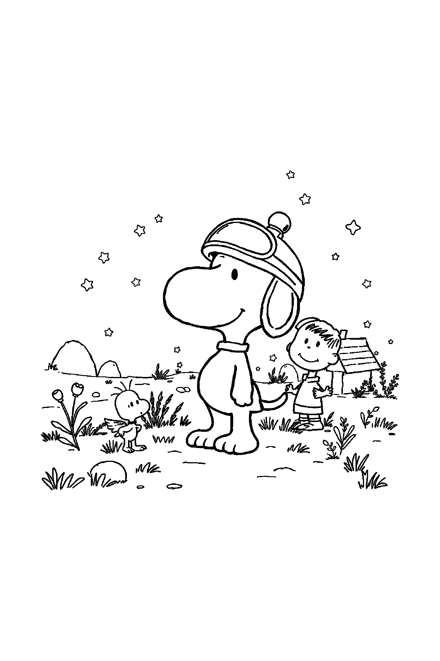 Coloriage Snoopy gratuit à imprimer : scène verticale avec Charlie Brown et Snoopy et ses amis