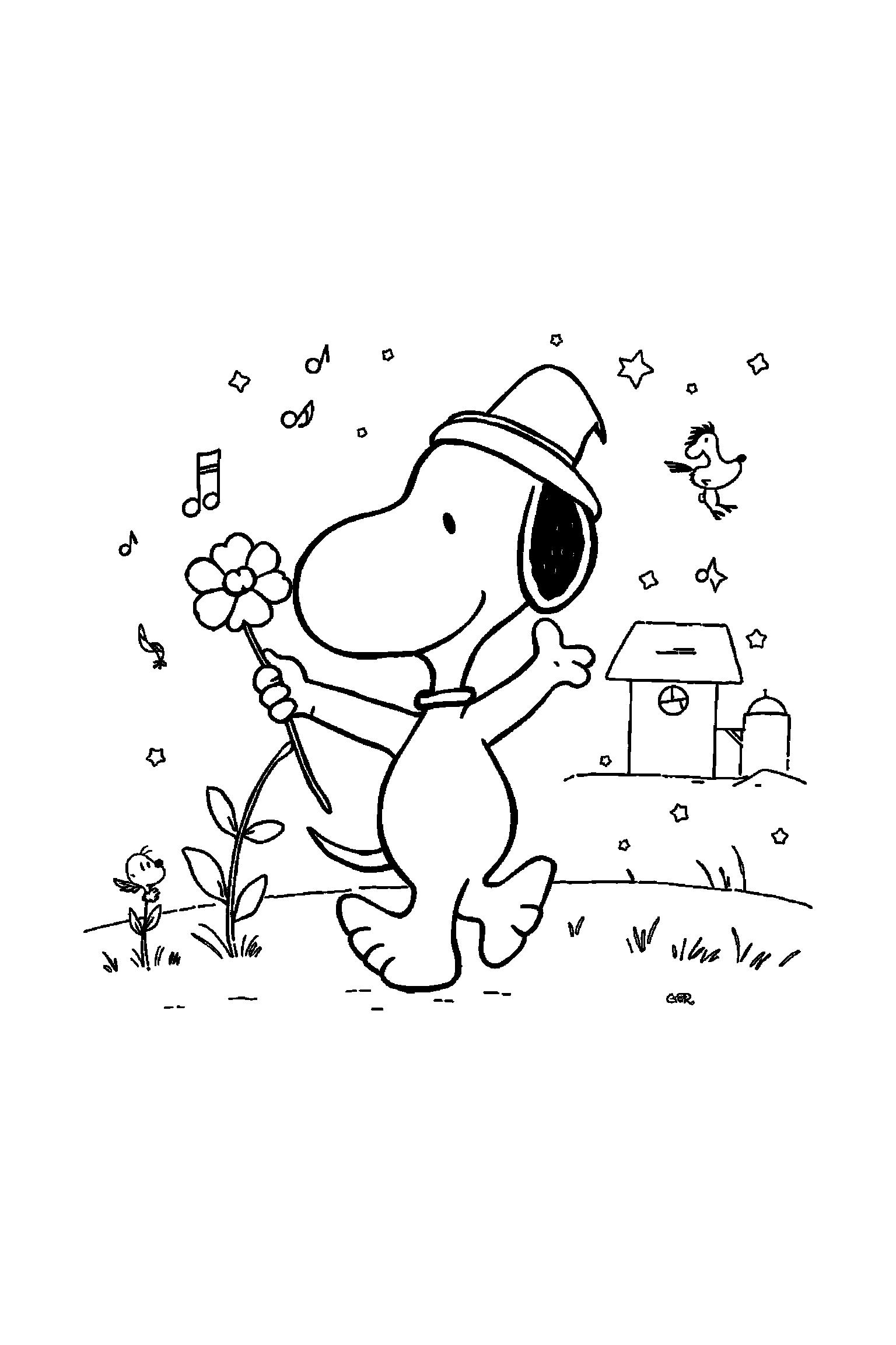 Coloriage Snoopy gratuit à imprimer : Snoopy danseur avec une fleur, notes de musique et arrière-plan complet