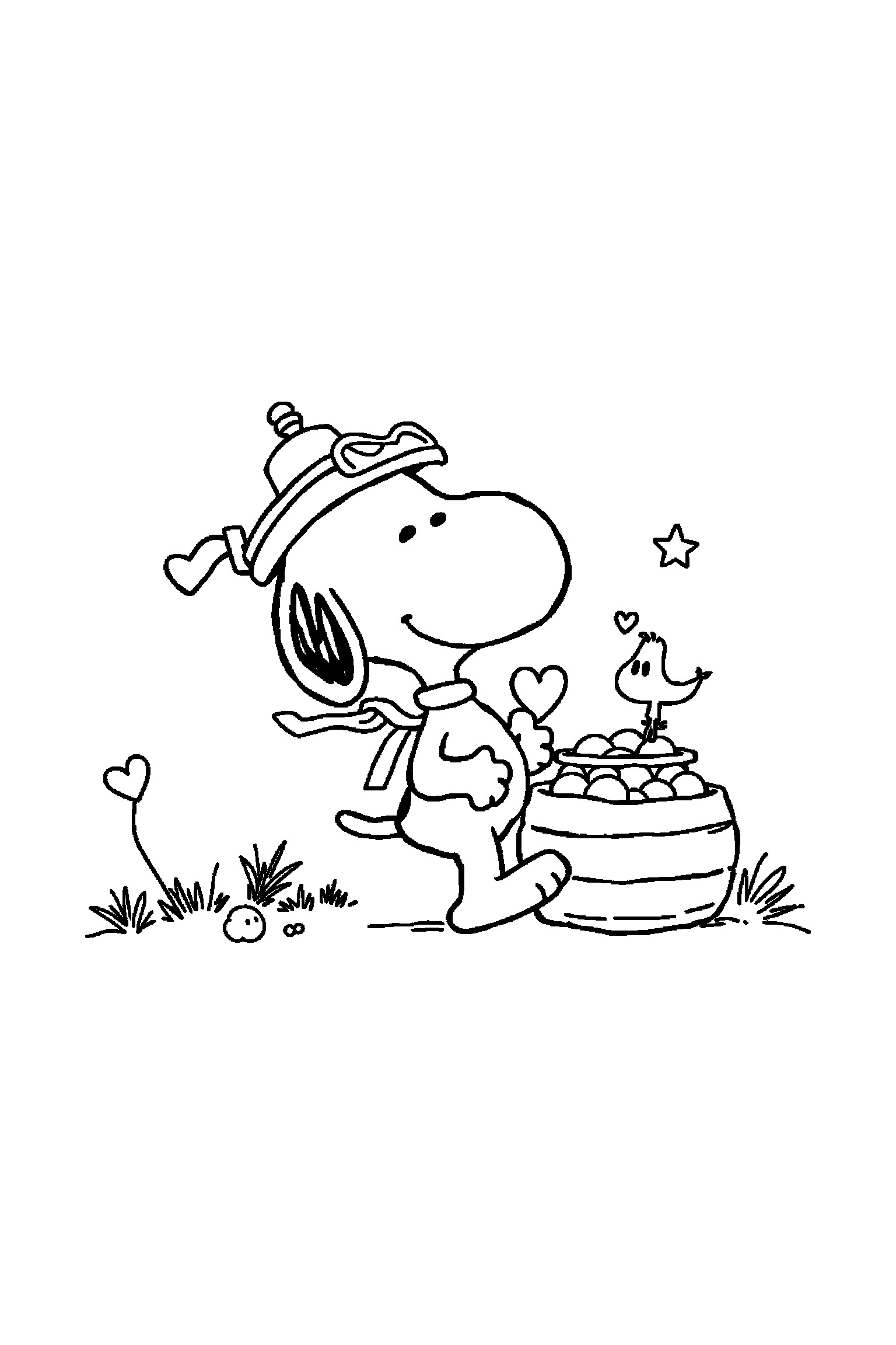Coloriage Snoopy gratuit à imprimer : Snoopy dans une petite scène avec un bol