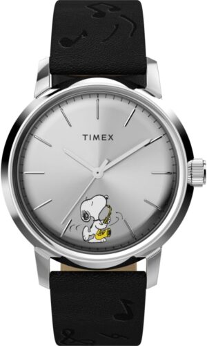 Montre automatique Timex Marlin Peanuts Snoopy saxophoniste, cadran argenté brossé soleillé