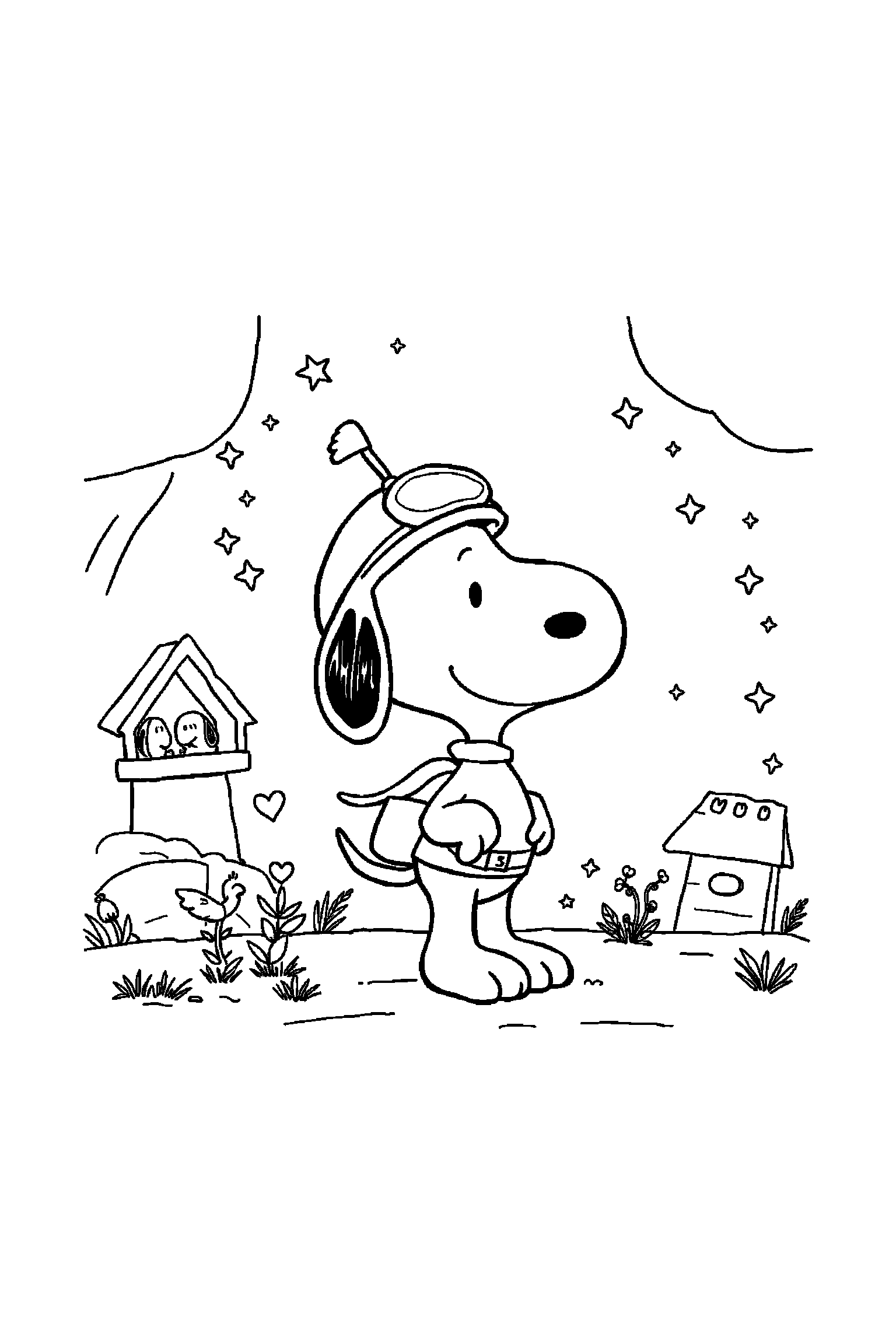 Coloriage Snoopy gratuit à imprimer : Snoopy avec décor détaillé de sa niche
