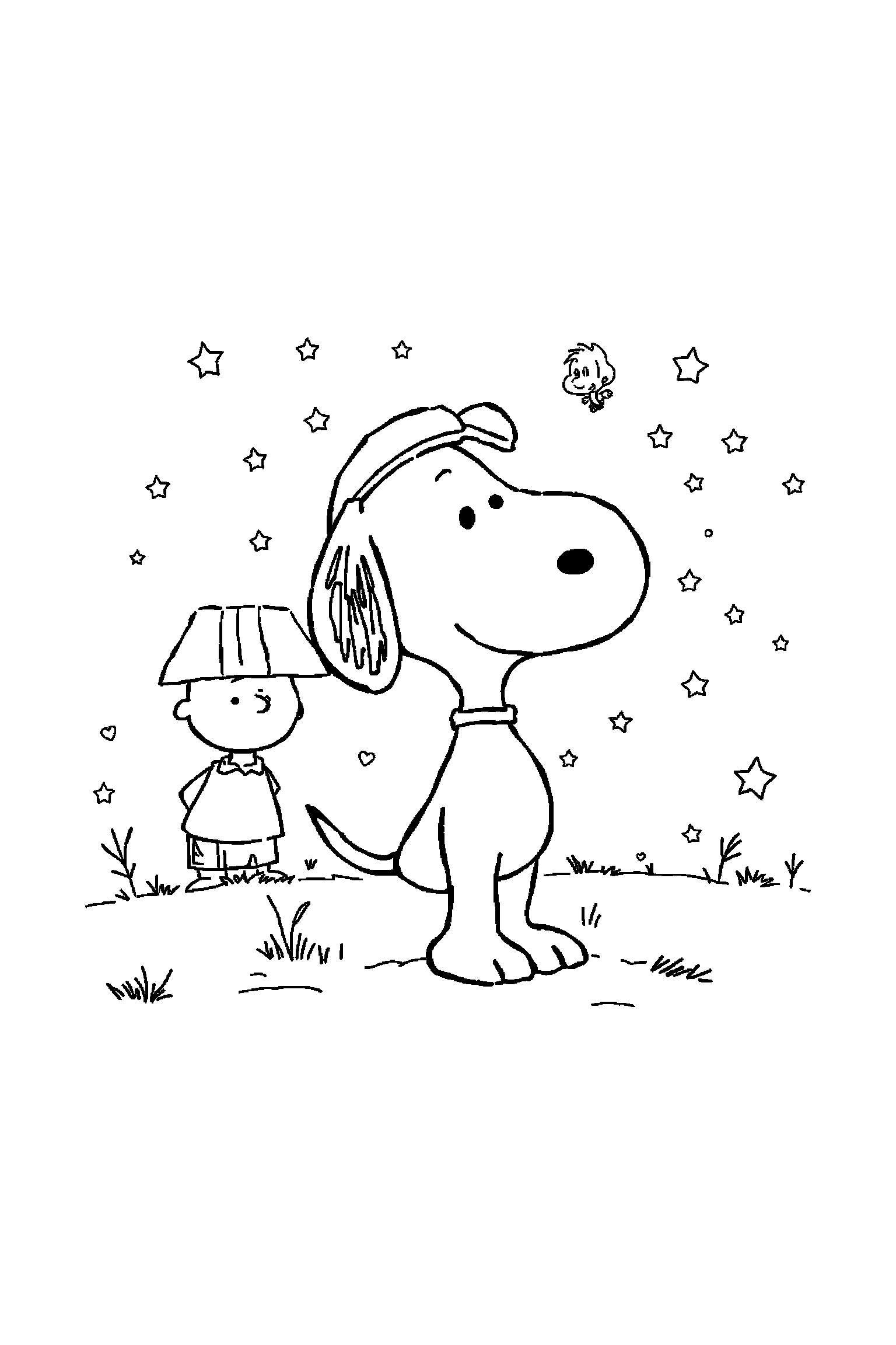 Coloriage Snoopy gratuit à imprimer : portrait détaillé de Woodstock avec motifs étoiles