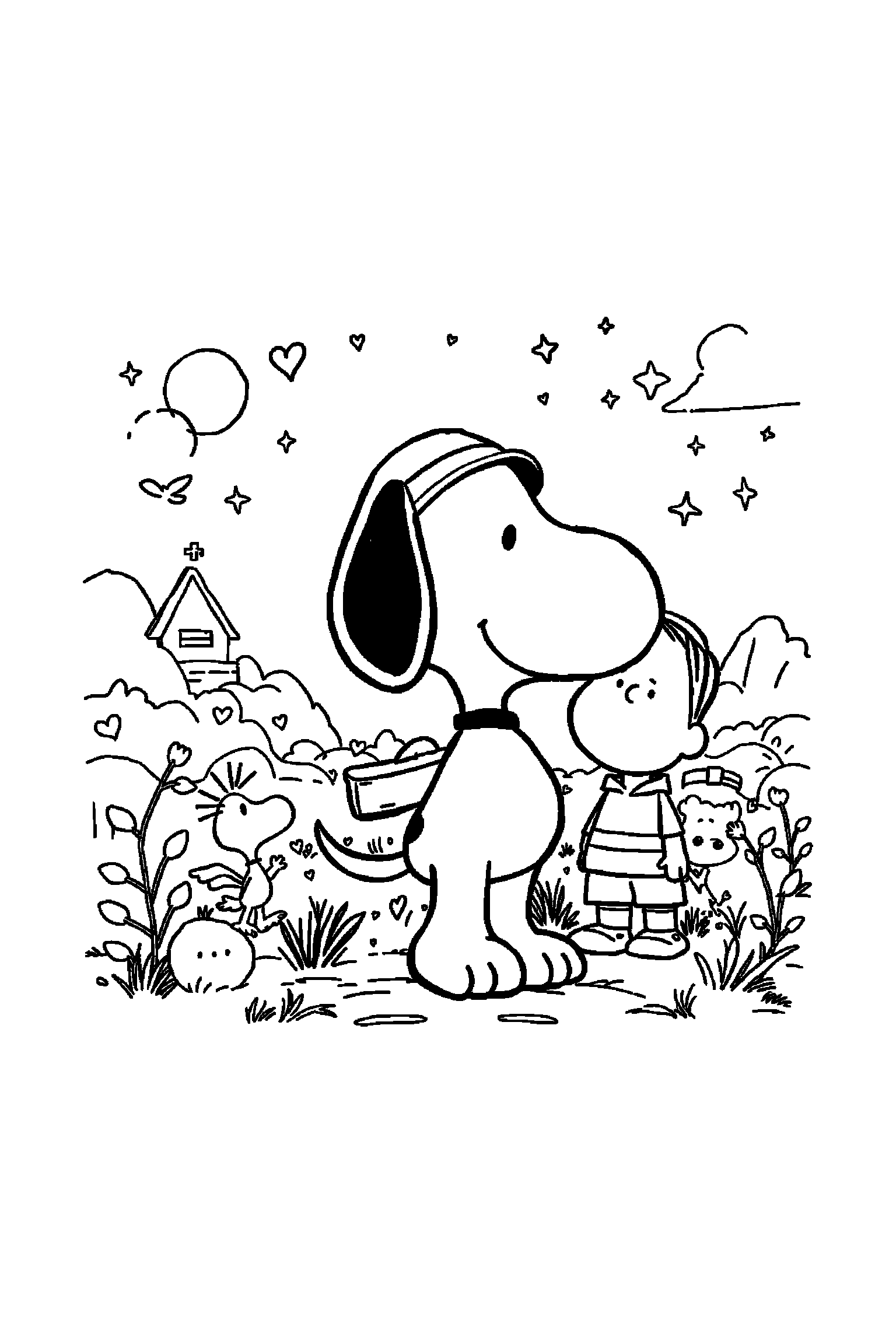 Coloriage Snoopy gratuit à imprimer : Snoopy et ses amis avec arrière-plan complet à colorier