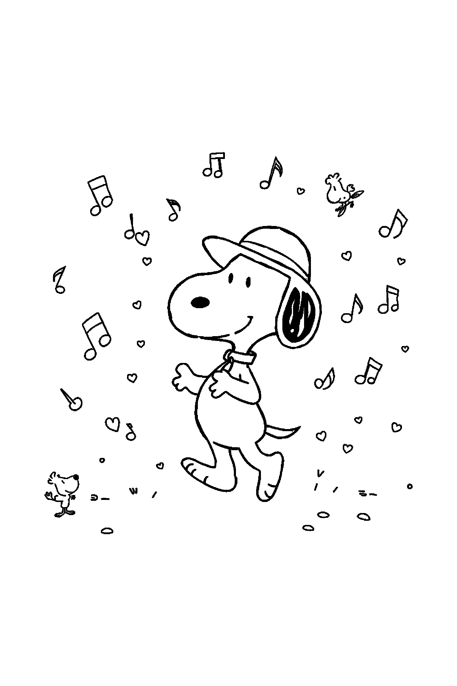 Coloriage Snoopy gratuit à imprimer : Snoopy danseur entouré de notes de musique et petits détails