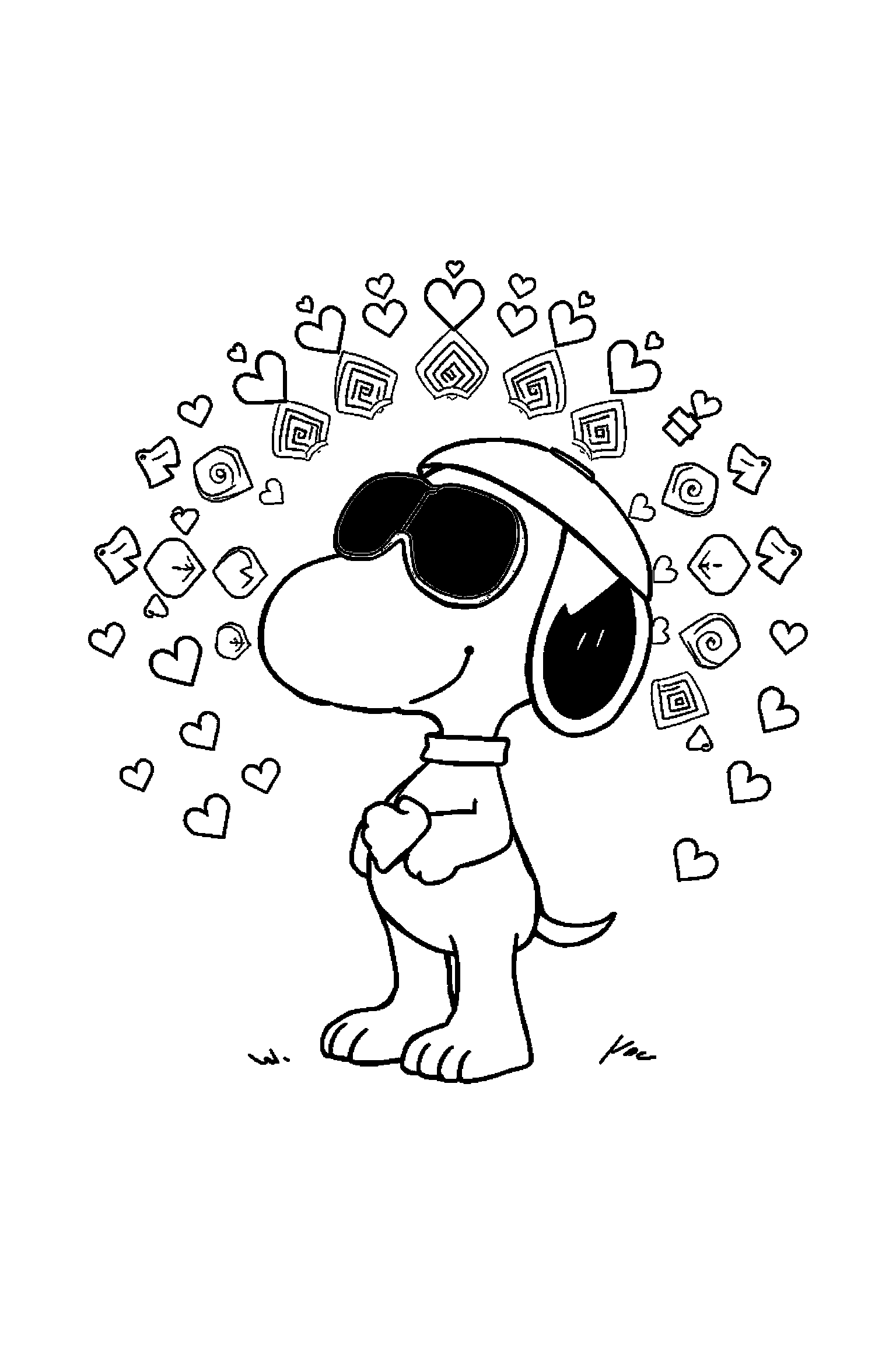 Coloriage Snoopy gratuit à imprimer : poster A4 détaillé de Snoopy avec mandala petits cœurs