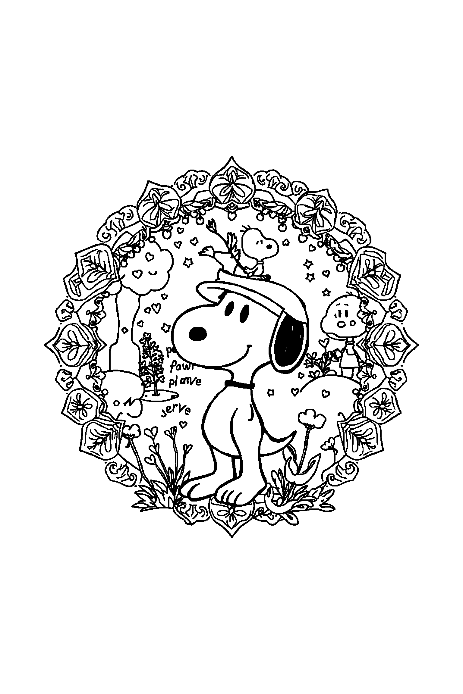 Coloriage Snoopy gratuit à imprimer : Woodstock au centre avec scène détaillée de un jardin