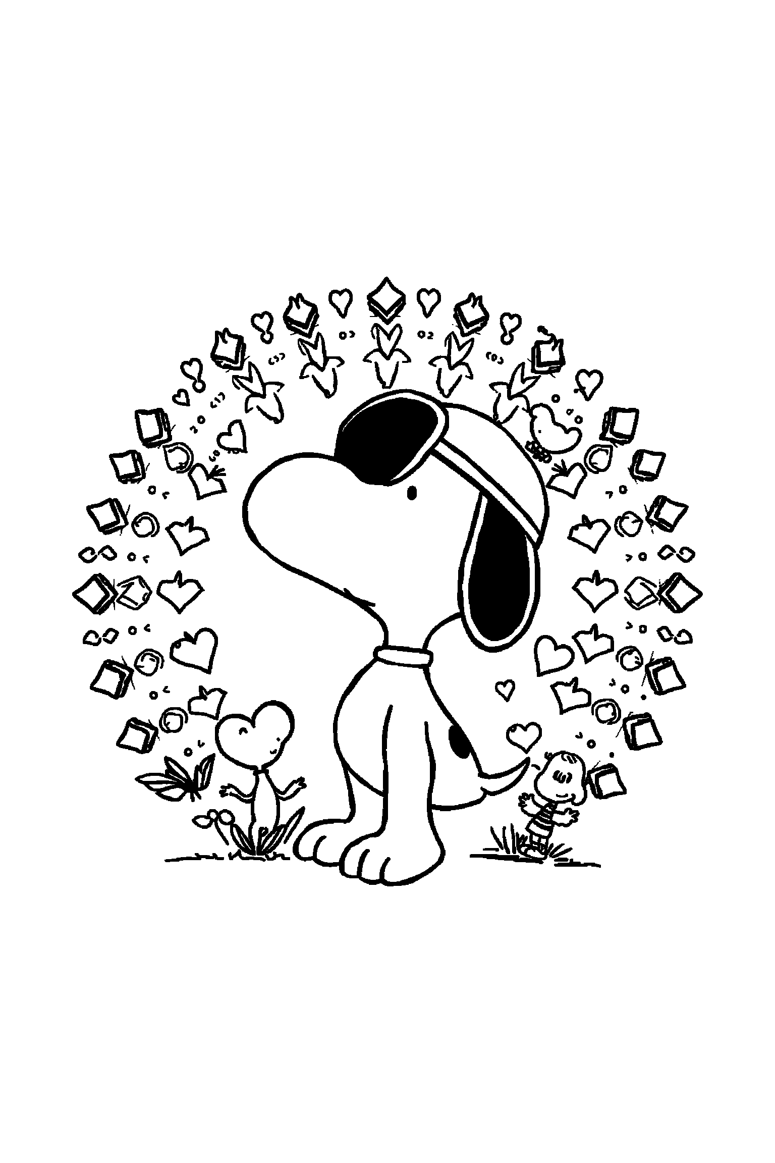 Coloriage Snoopy gratuit à imprimer : motif difficile de os autour de Charlie Brown