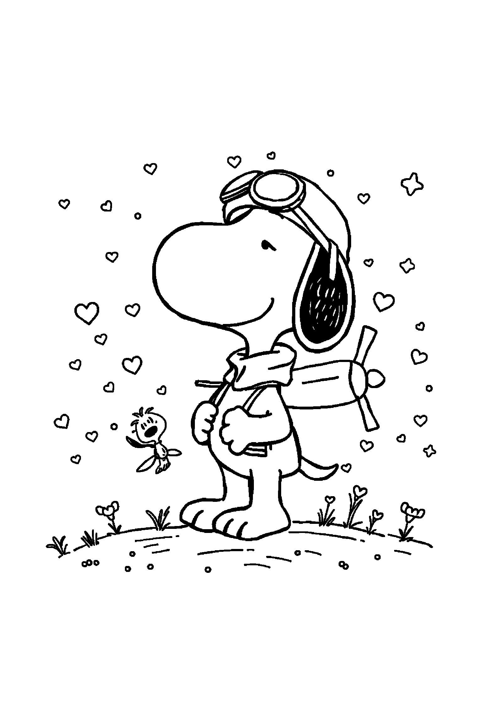 Coloriage Snoopy gratuit à imprimer : scène verticale détaillée avec Snoopy aviateur et un avion miniature