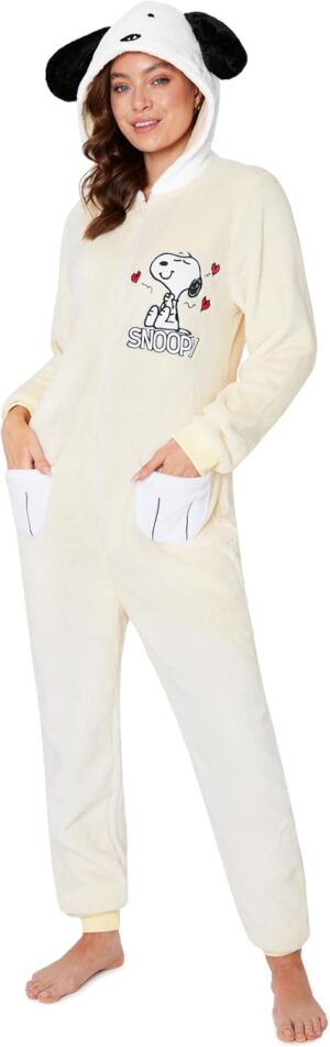 Combinaison pyjama femme Snoopy Peanuts polaire à capuche oreilles 3D