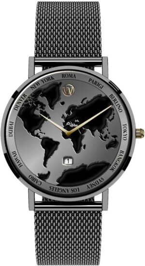 Montre Woodstock Zambon® noire 40 mm à quartz, carte du monde