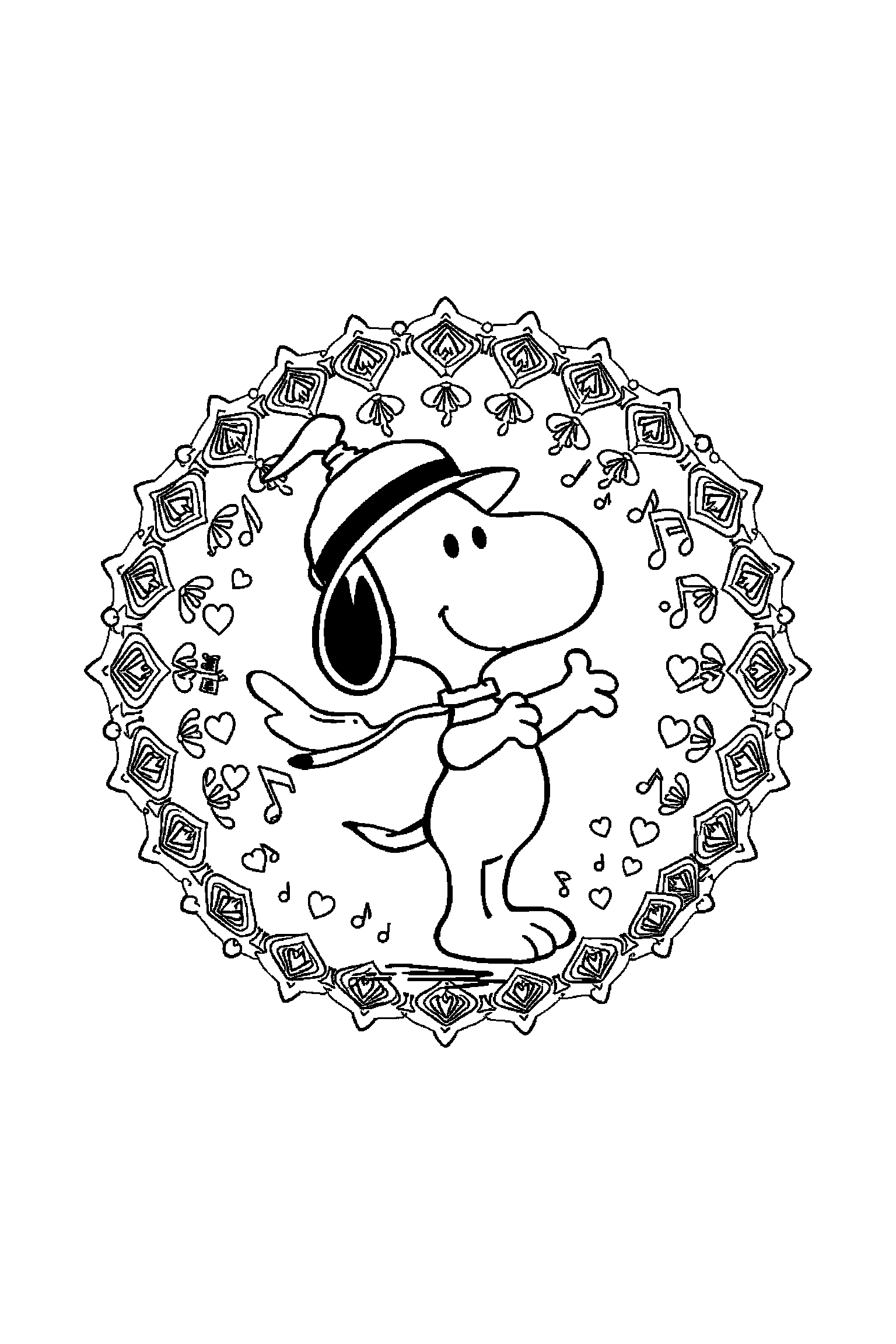 Coloriage Snoopy gratuit à imprimer : grand coloriage détaillé de Snoopy danseur avec notes de musique