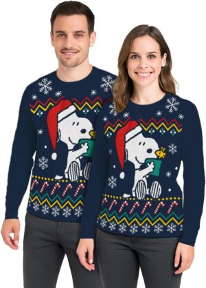 Pull d'hiver en tricot bleu Peanuts Snoopy unisexe