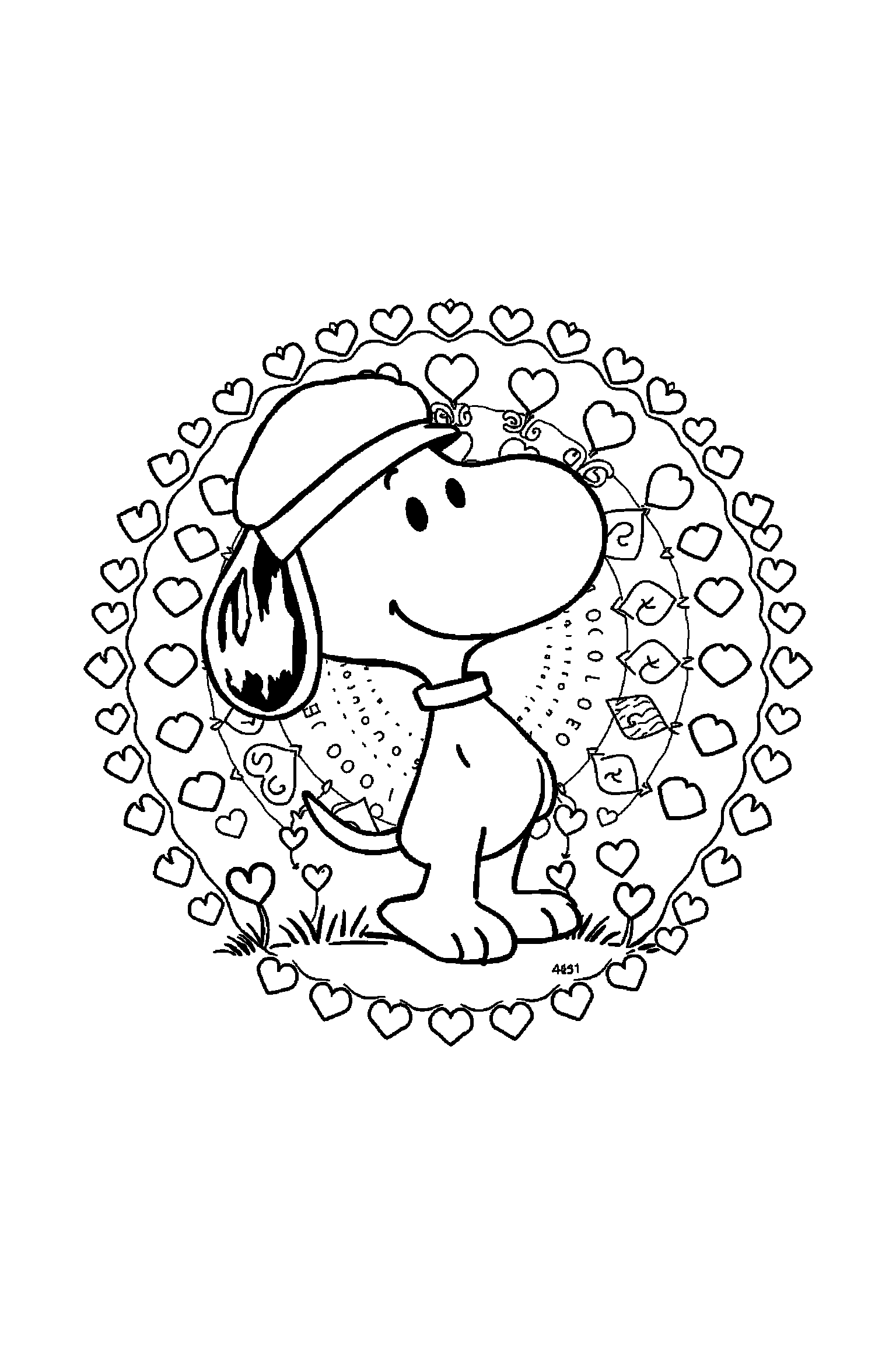 Coloriage Snoopy gratuit à imprimer : poster A4 détaillé de Snoopy avec mandala petits cœurs