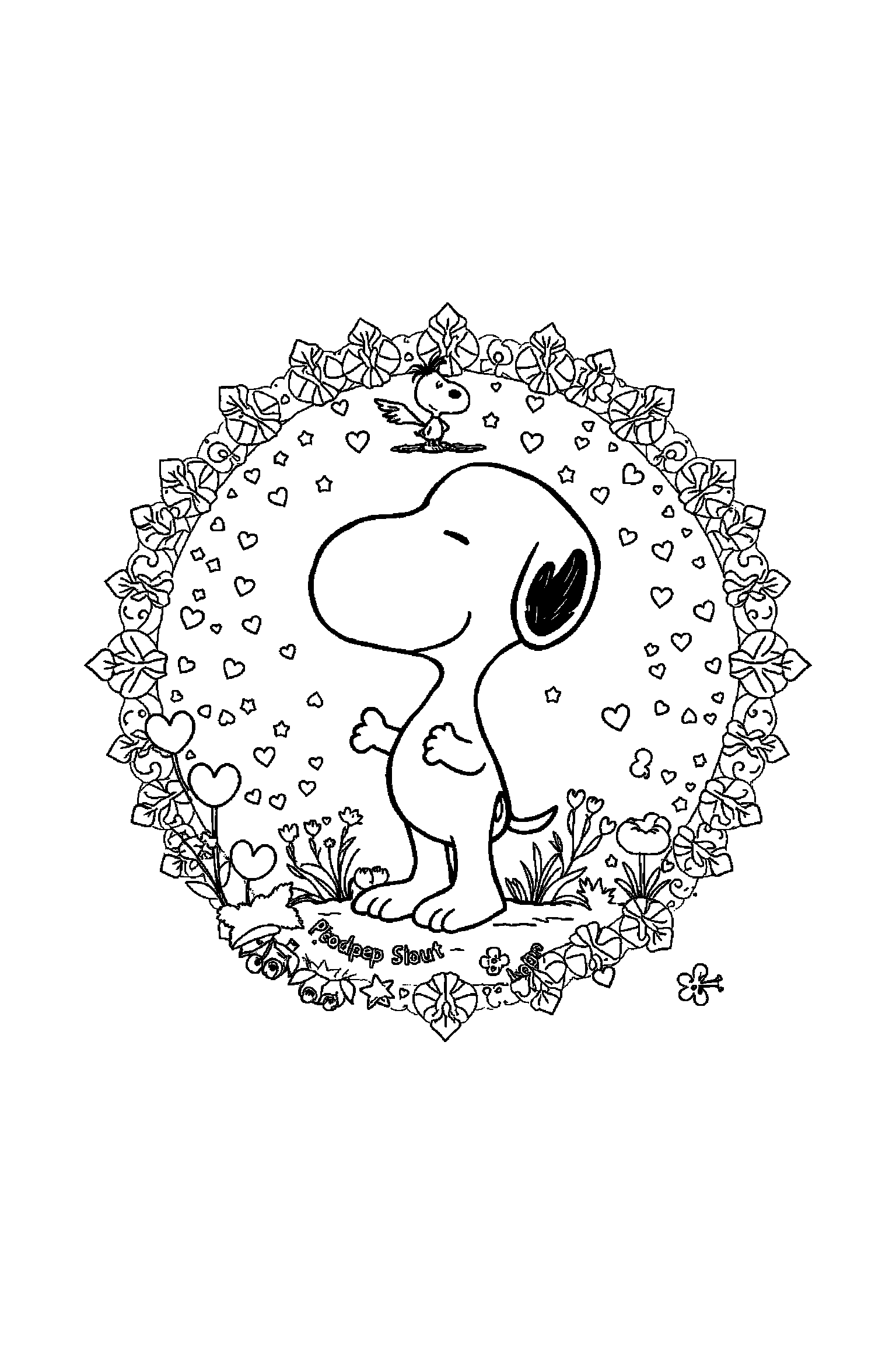 Coloriage Snoopy gratuit à imprimer : Woodstock au centre avec scène détaillée de un jardin