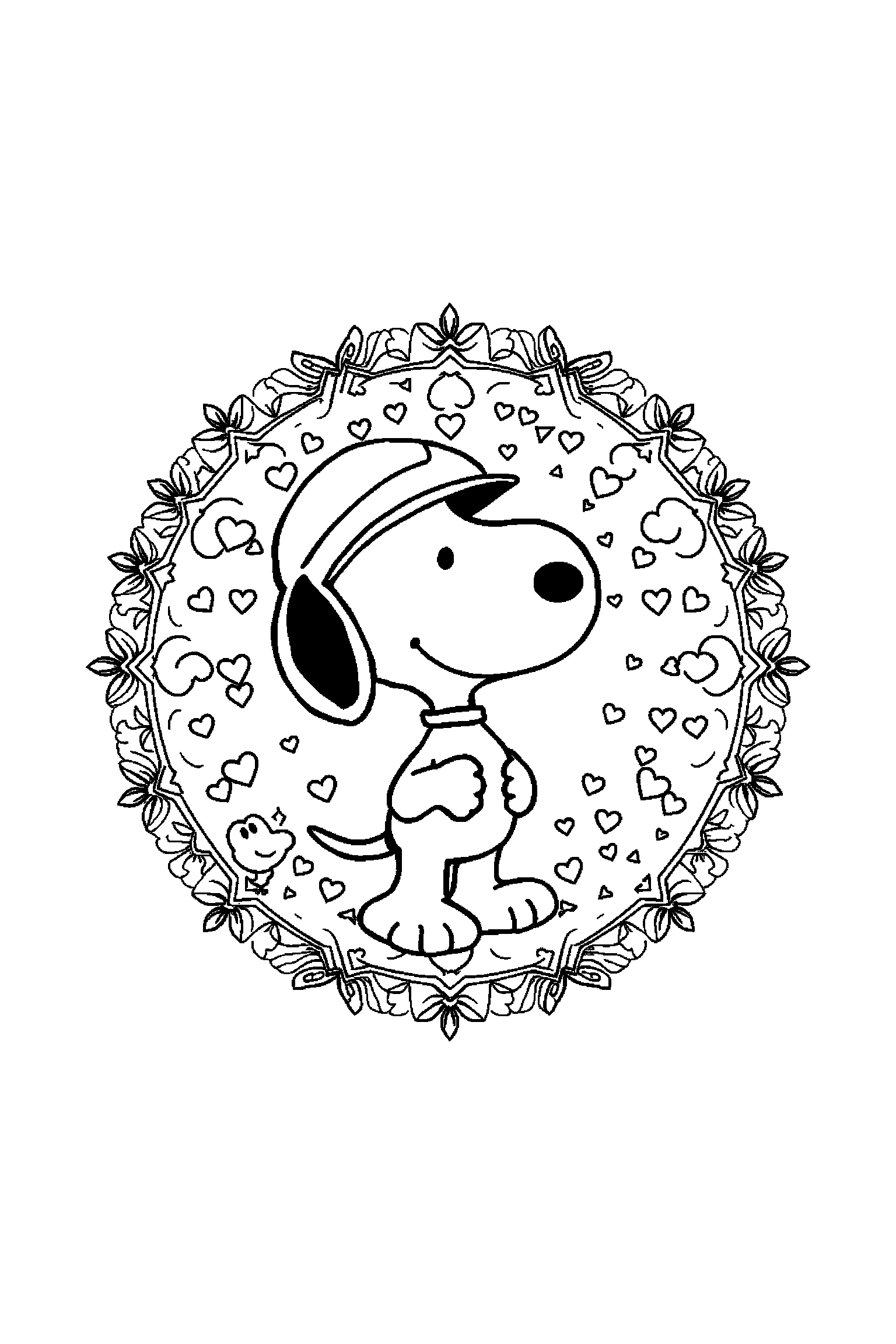 Coloriage Snoopy gratuit à imprimer : motif difficile de os autour de Charlie Brown