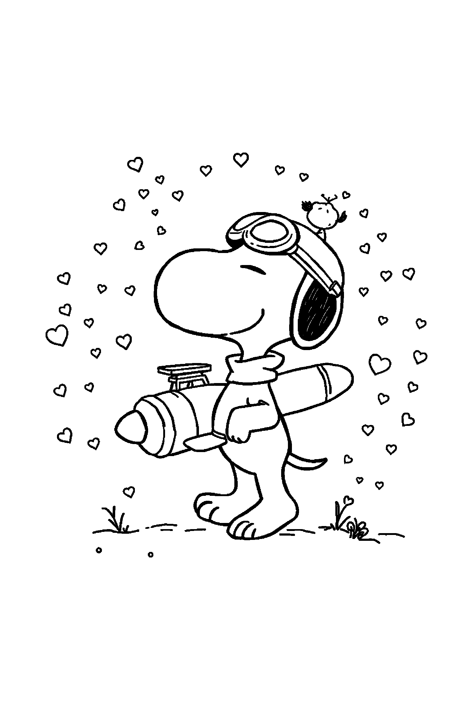 Coloriage Snoopy gratuit à imprimer : scène verticale détaillée avec Snoopy aviateur et un avion miniature