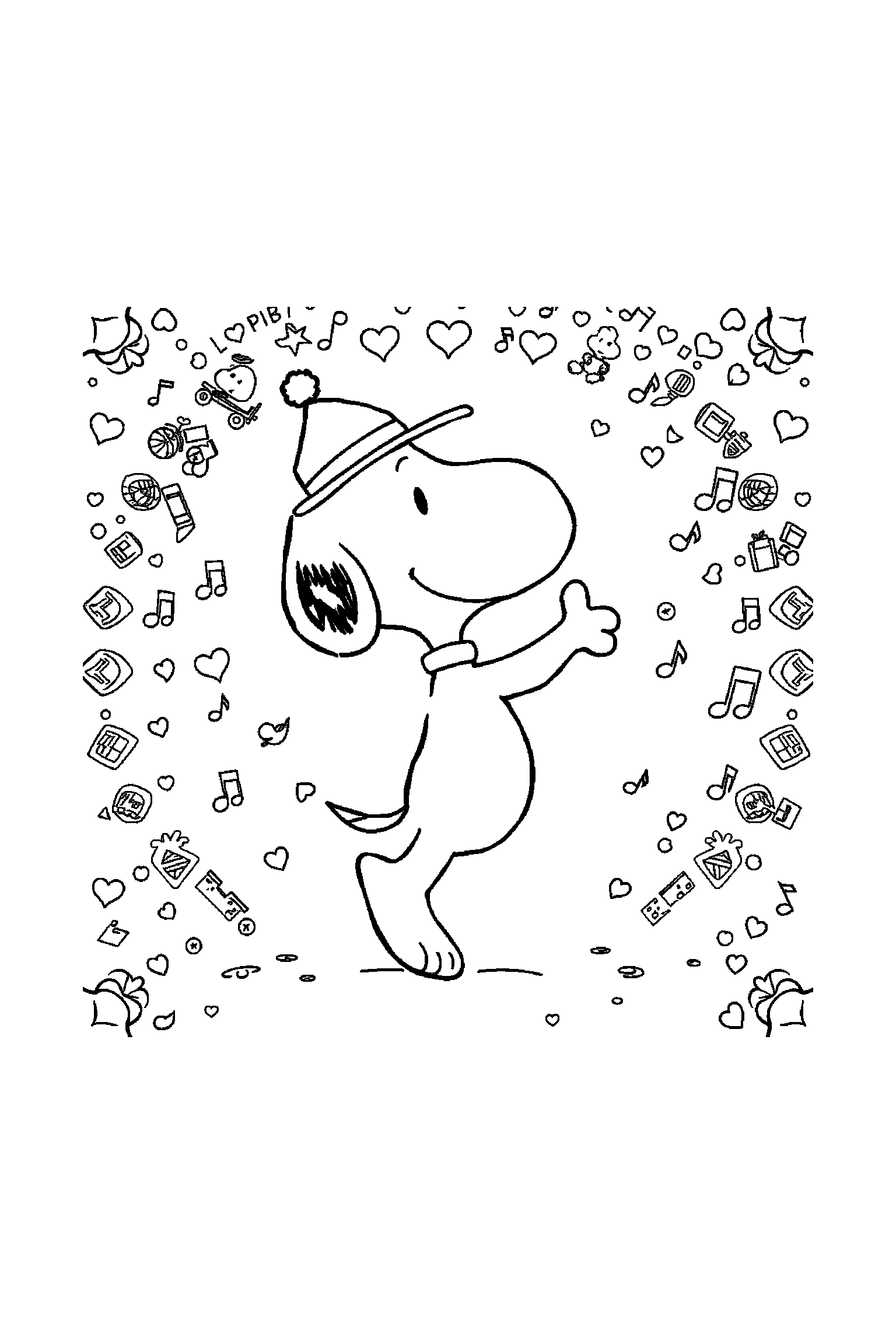 Coloriage Snoopy gratuit à imprimer : grand coloriage détaillé de Snoopy danseur avec notes de musique