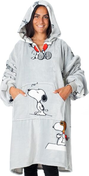 Couverture à capuche Snoopy KANGURU grise en polaire 100 % microfibre