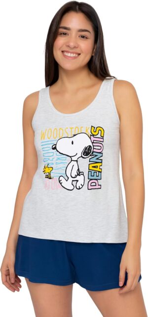 Ensemble pyjama femme Snoopy Peanuts, débardeur en coton et short gris/bleu