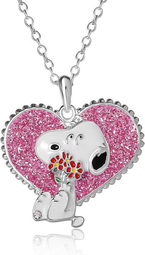Collier prénom PEANUTS Snoopy cœur rose en laiton plaqué argent et cristal