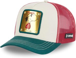 Casquette trucker Capslab Snoopy The Peanuts plaque métal beige vert rouge