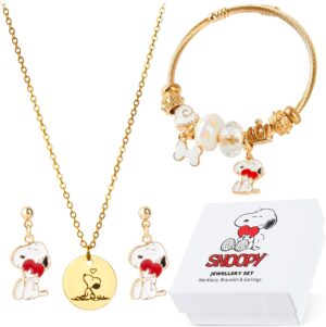 Parure Peanuts Snoopy dorée avec collier, bracelet et boucles d’oreilles